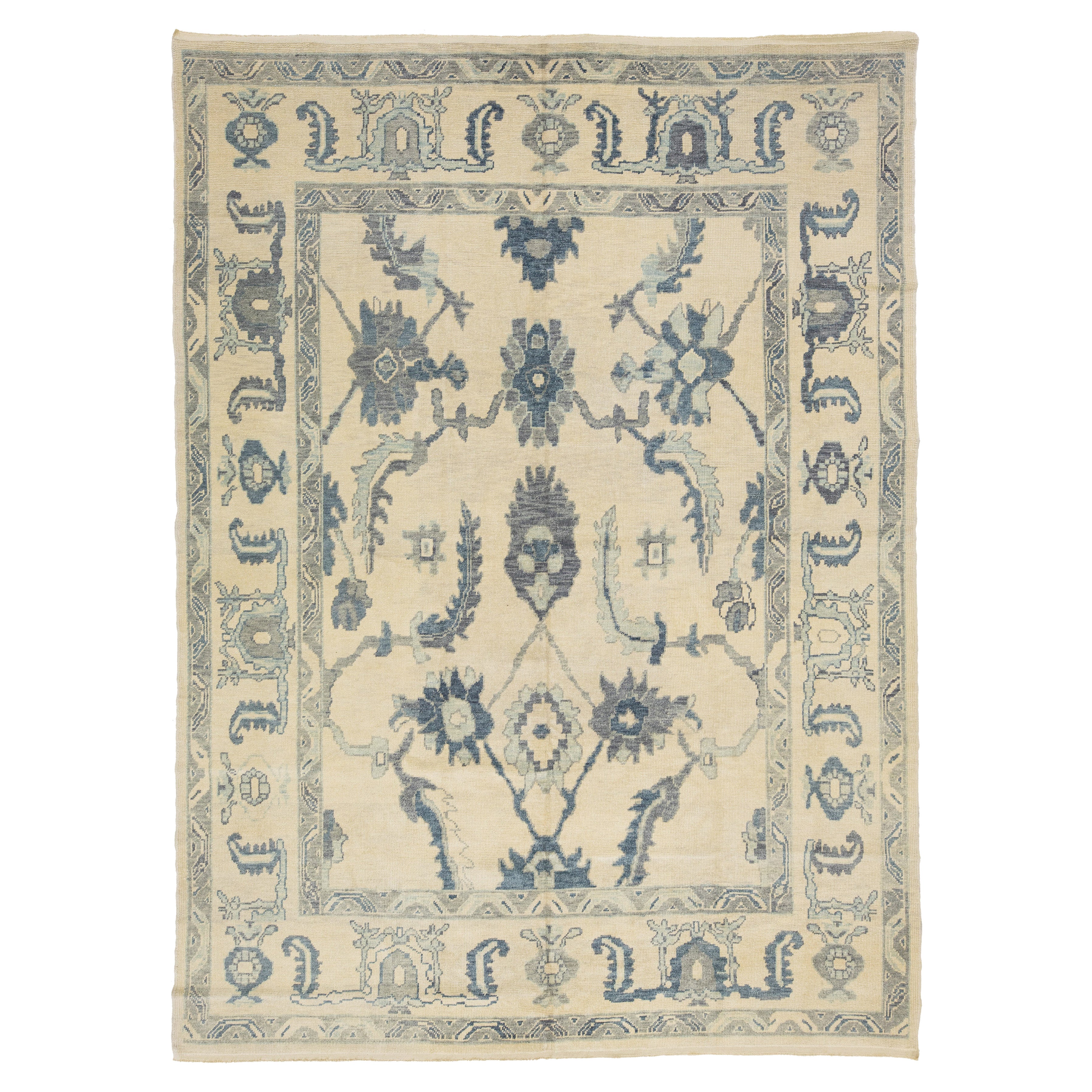 Modern Beige and Blue Turkish Oushak Geometric Floral Handmade Wool Rug For Sale