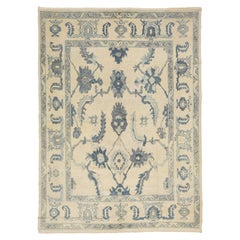 Alfombra Turca Moderna Oushak Beige y Azul Floral Geométrica Hecha a Mano con Lana