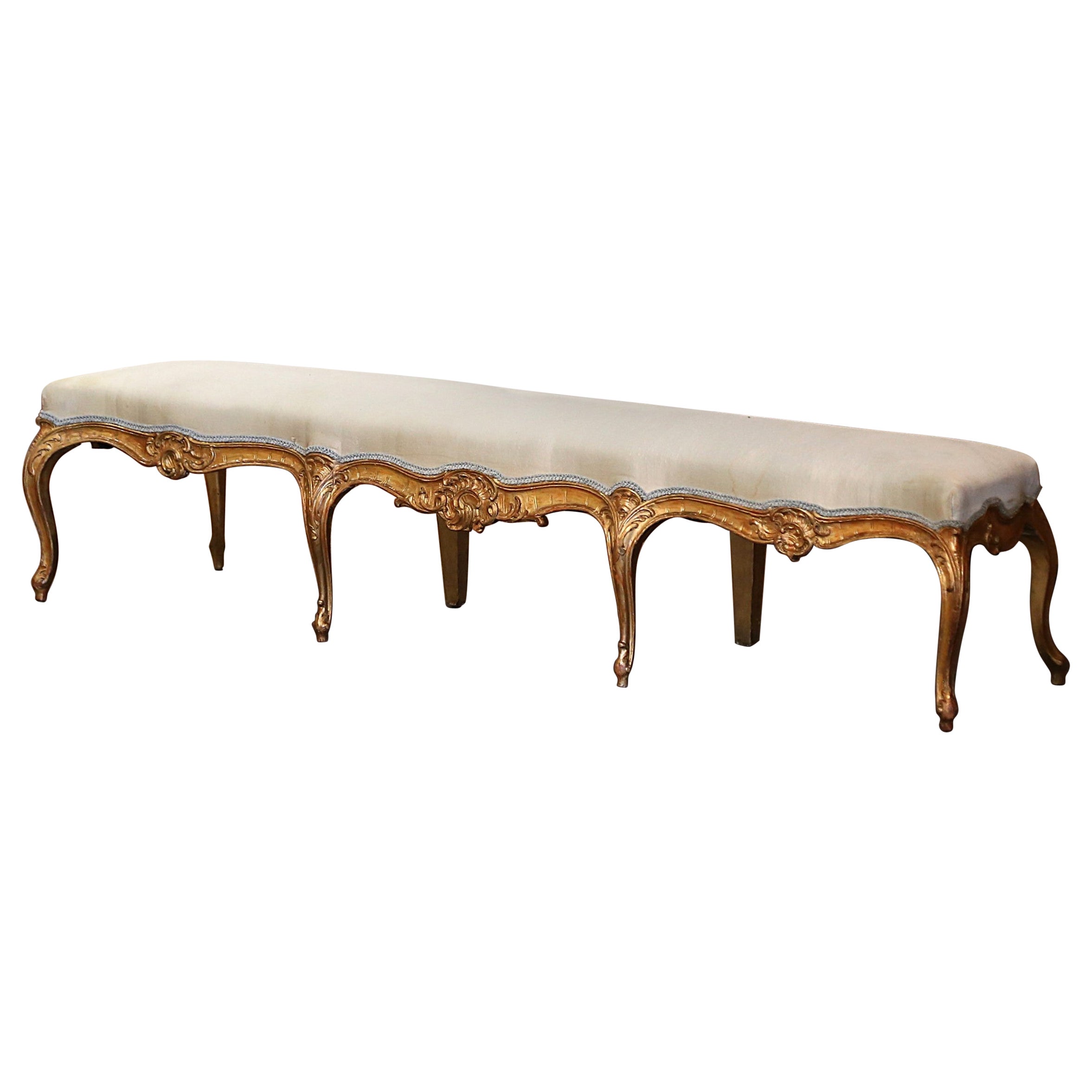 19th Century French Louis XV Carved Giltwood Upholstered Eight-Leg Bench