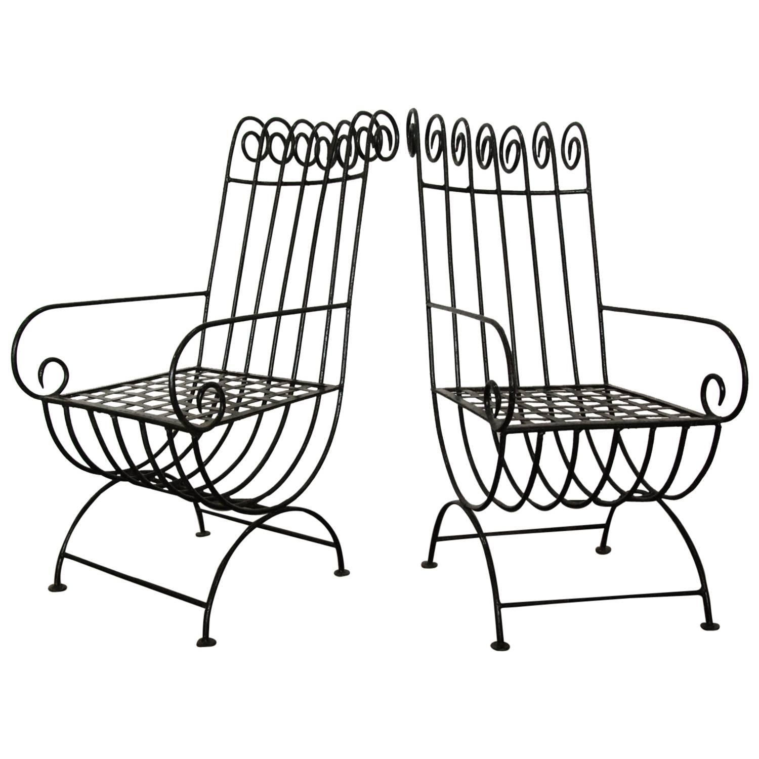 Pair of Highback, French, 1940s Style Forged Iron Garden Chairs, France For Sale