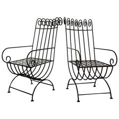 Pair of Highback, French, 1940s Style Forged Iron Garden Chairs, France