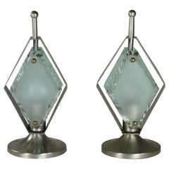 1960 Fontana Arte Design Italiano Space Age Vetro Nichel Ottone 2 Lampade da Tavolo