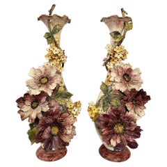 Grandes jarrones florales italianos antiguos de porcelana mayólica "Mollica", circa 1910-1920
