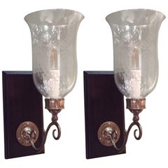 Antique Pair of Hurricane Shade Sconces with Etched Glass