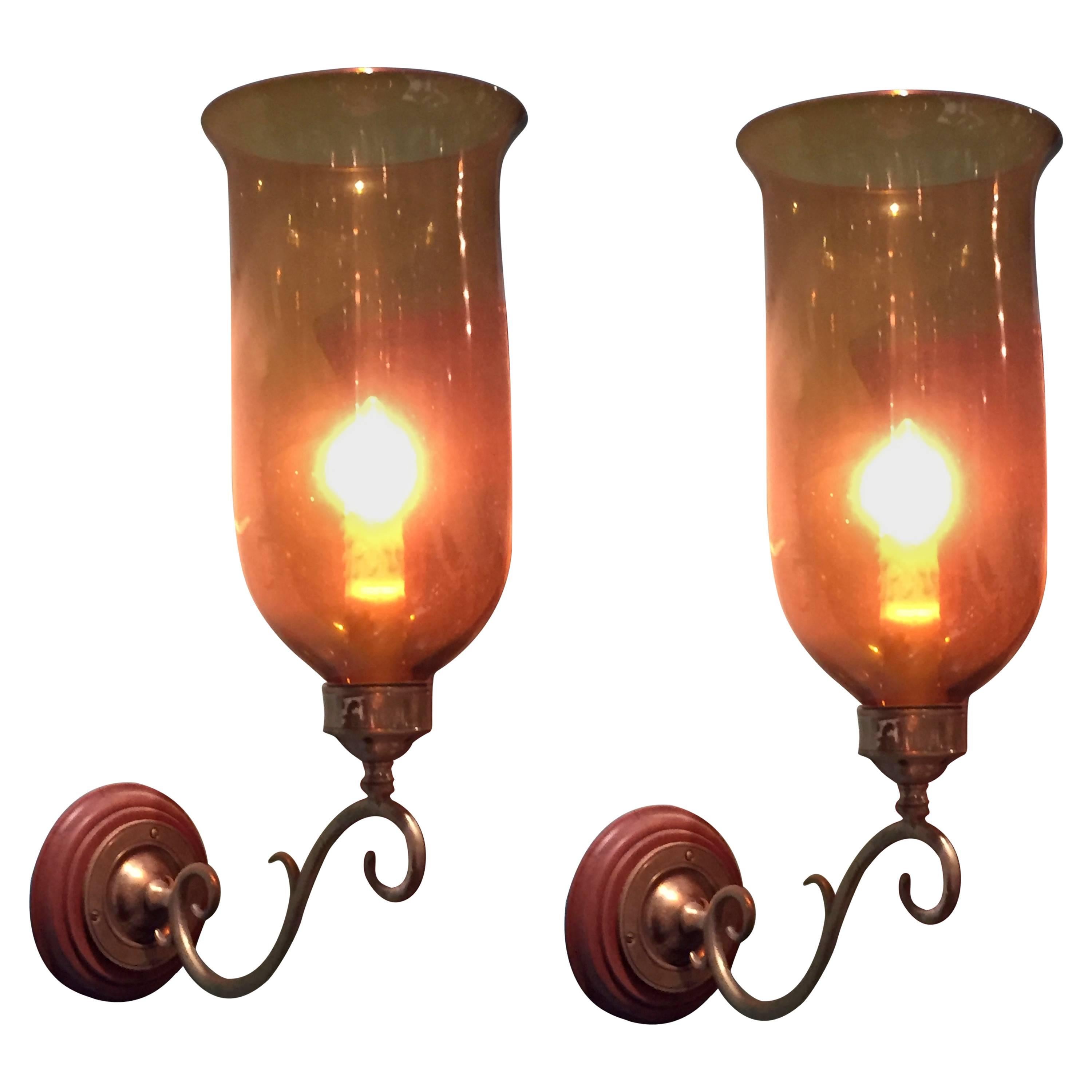 Pair of Hurricane Shade Sconces with Amber Glass