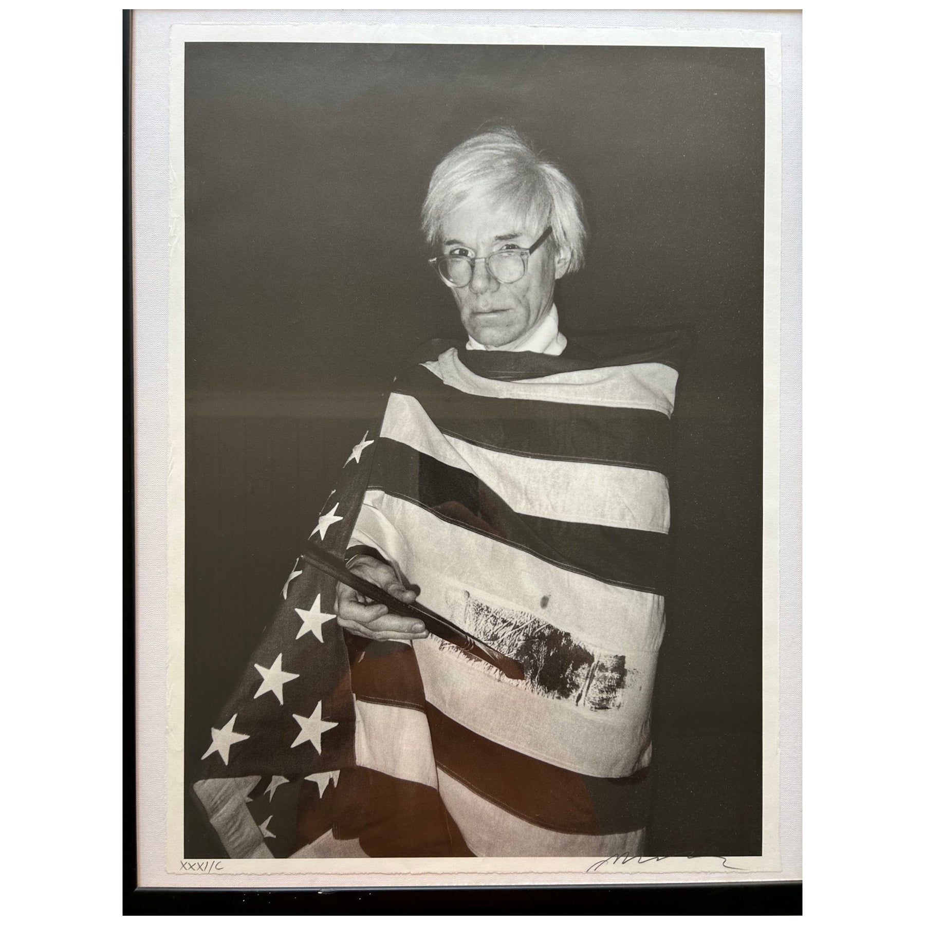 Andy Warhol in American Flag By Christopher Makos For Sale