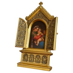 Stunning Erhard & Sohne Gilt Bronze Icon w. Filigree & Hand Painted Saints 1800s