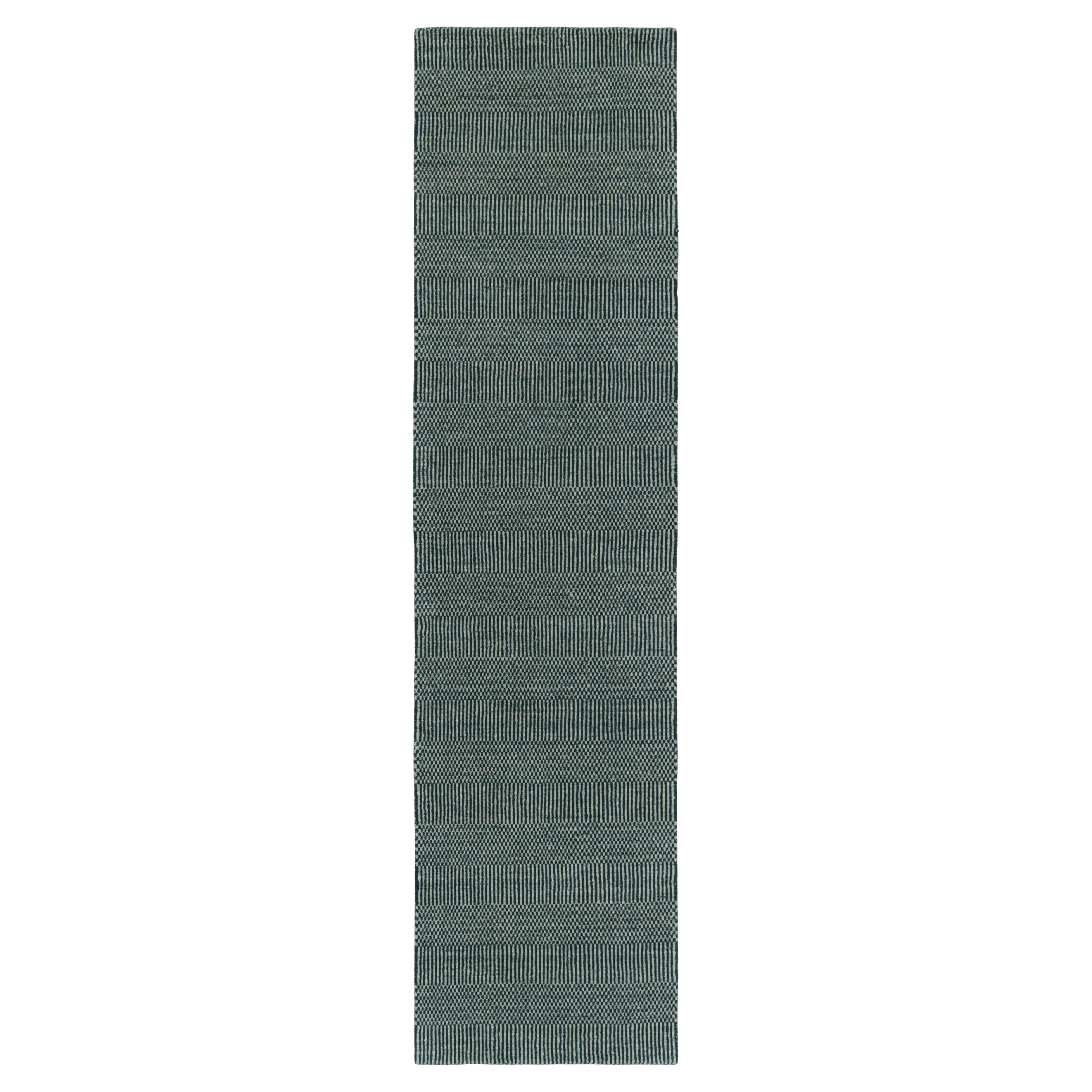 Rug & Kilim’s Modern Runner in Blue and Cream with Stripes and Geometric Pattern
