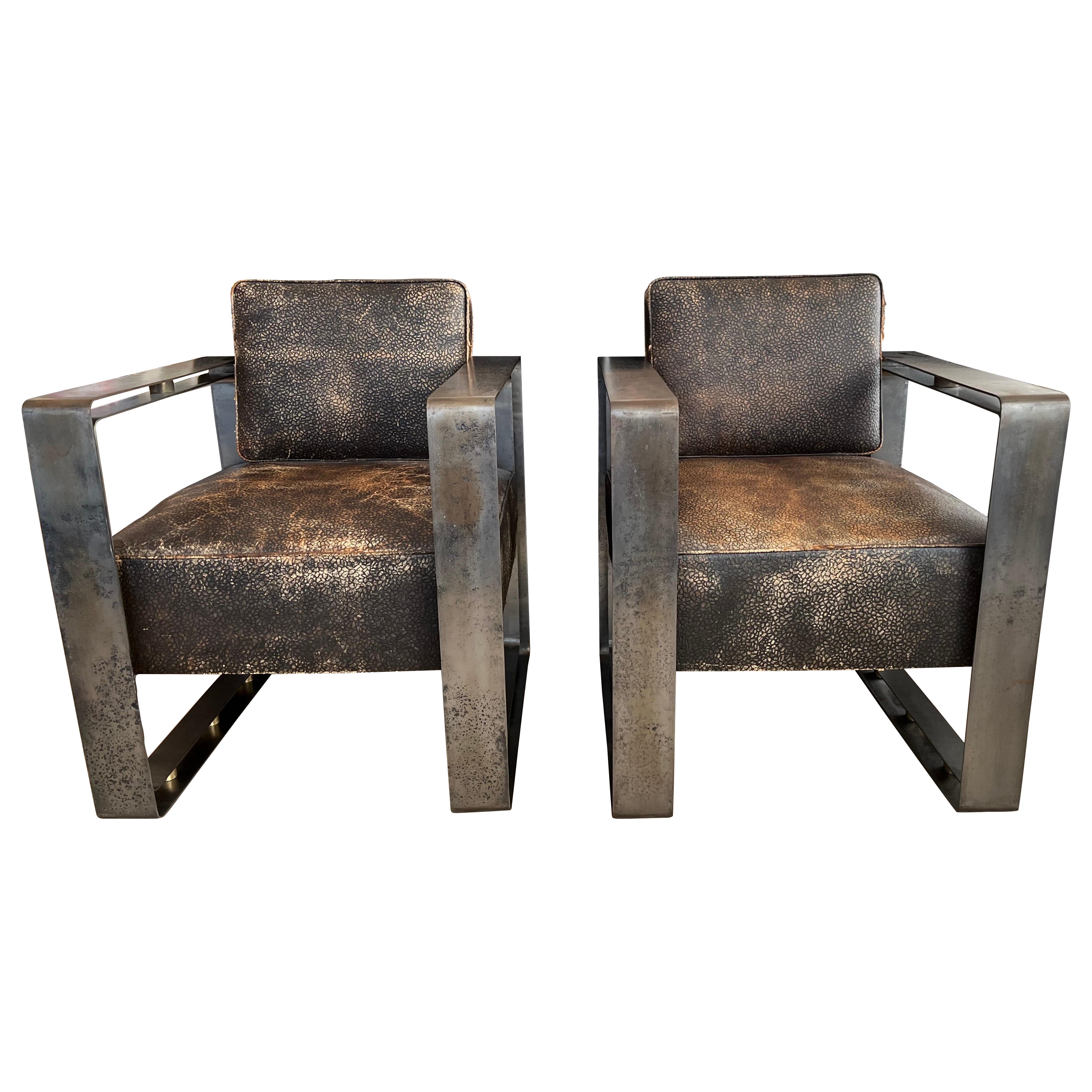 Louis Sognot Brown Leather and Steel Armchairs, 1920's France