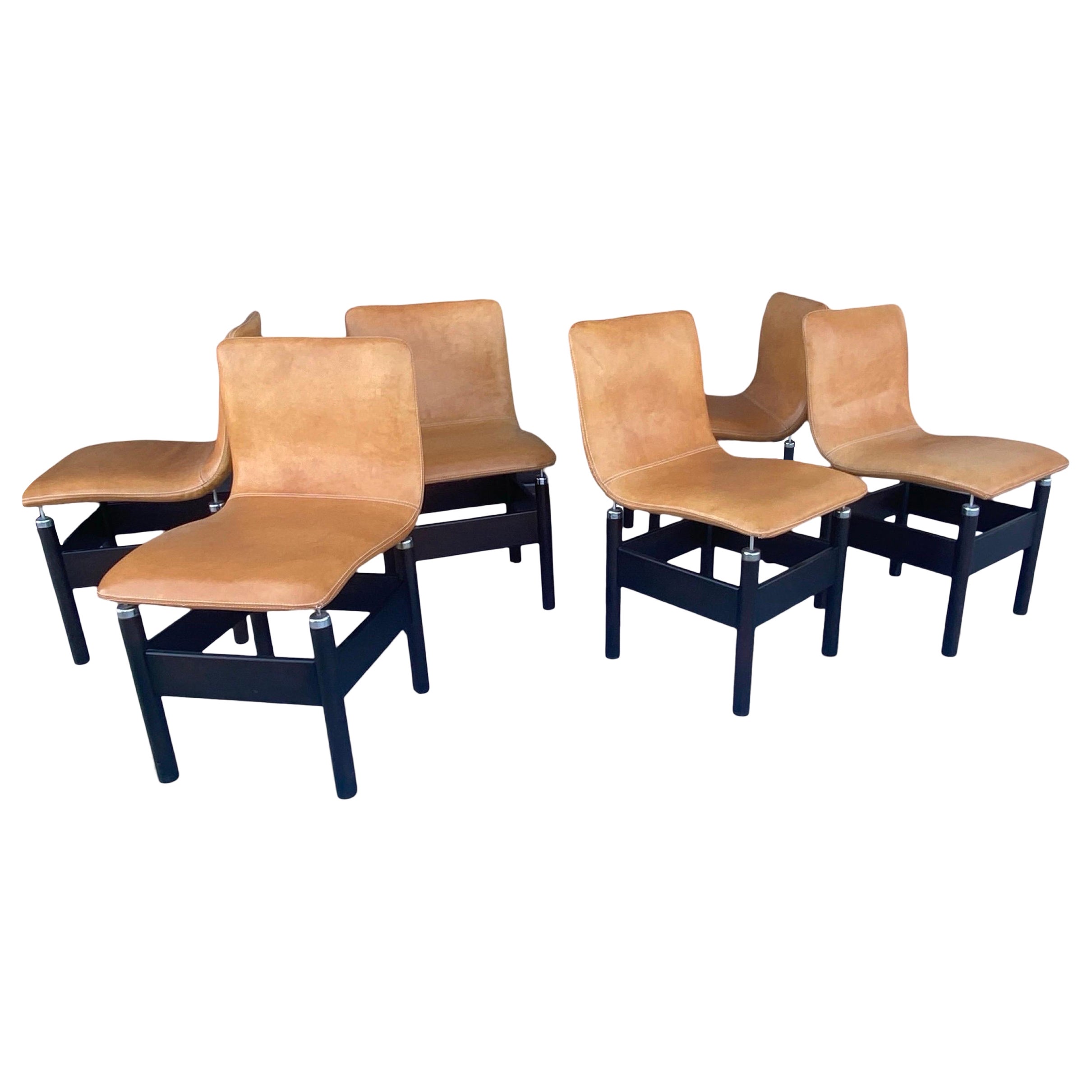 Vittorio Introini Italian Cognac Leather  “Chelsea” Chairs for Saporiti Set of 6