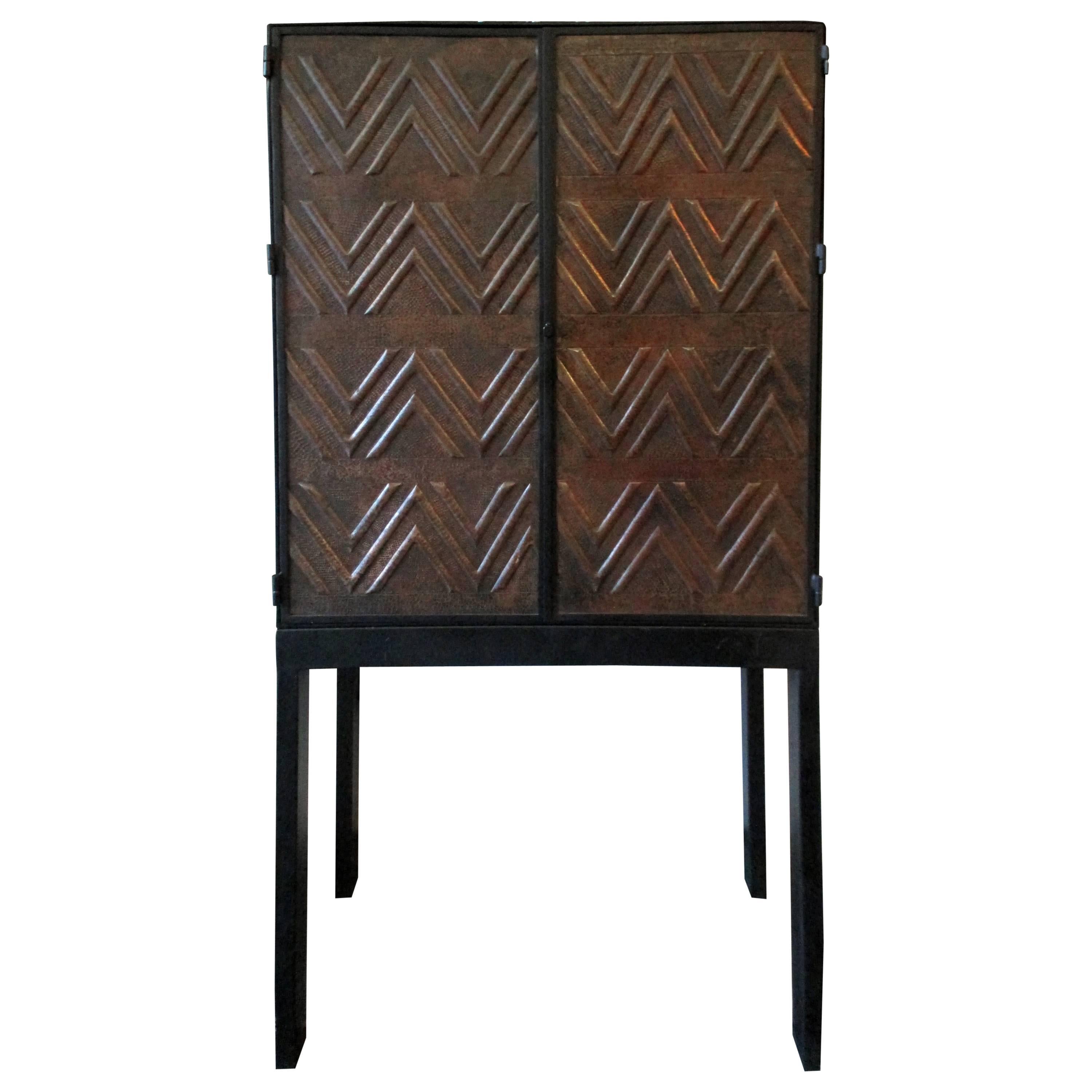 One of a Kind Mexican Contemporary Tall Cabinet in Steel and Copper For Sale