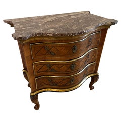 Antique Quality Parquetry Inlaid Serpentine Shaped Marble Top Commode