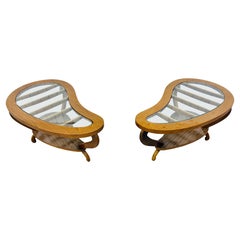 Mid-Century Modern Glass Top Walnut Side Tables - Set of 2