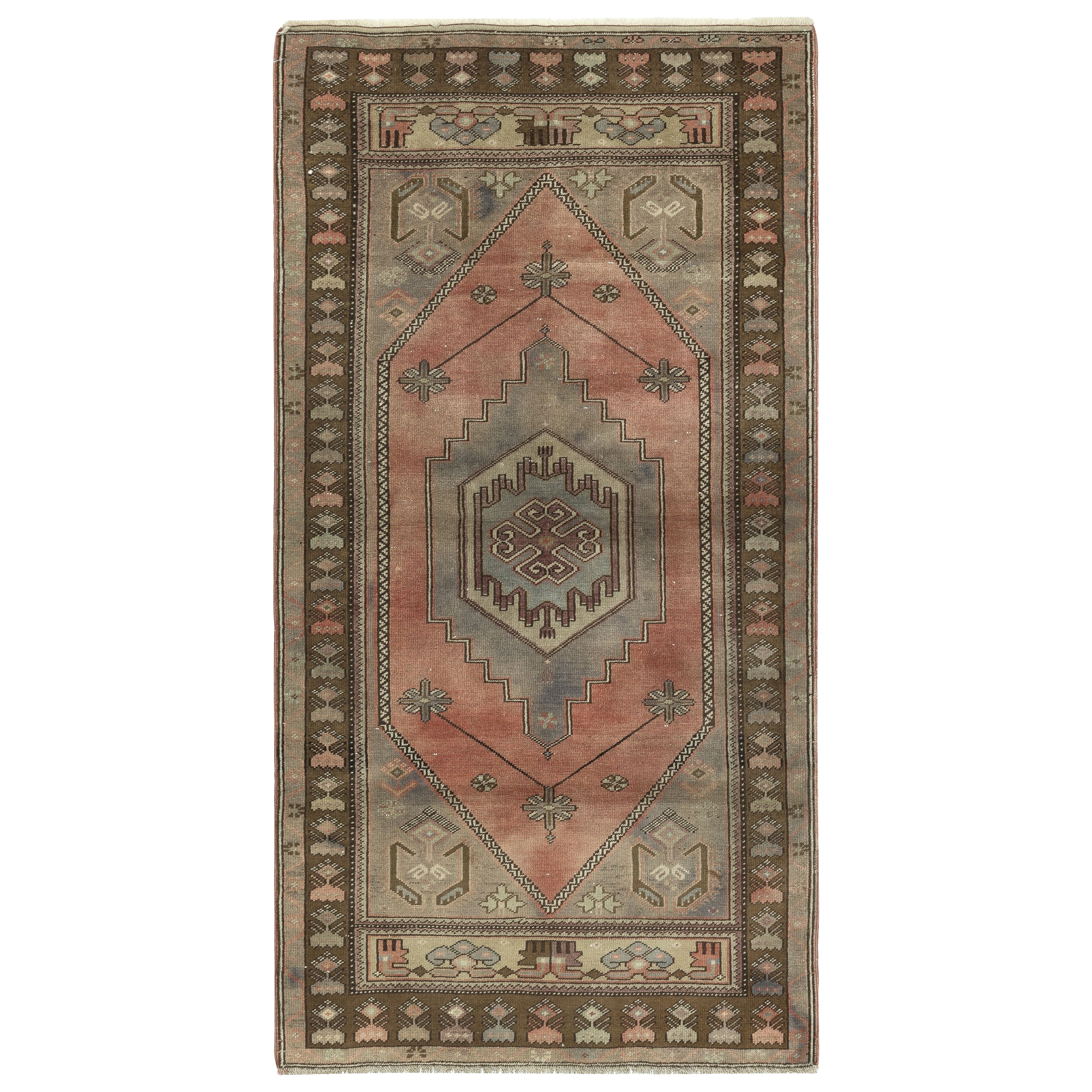 Alfombra de lana turca tradicional vintage hecha a mano, 100% lana, 3,8x7 pies