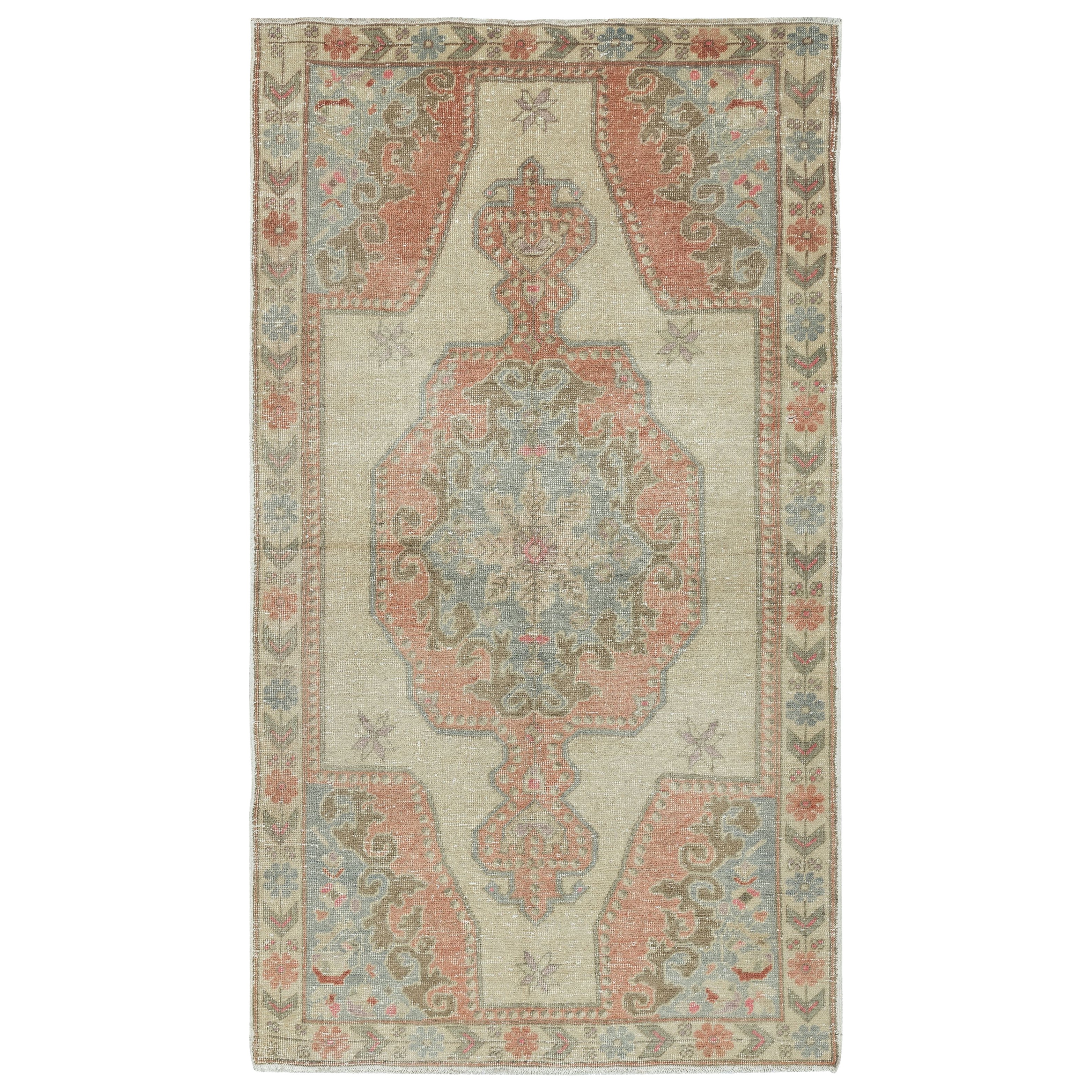 4.3x7.4 Ft One of a kind Vintage Handmade Turkish Area Rug with Medallion Design