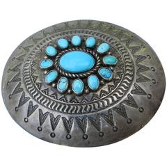 Vintage Navajo Silver and Turquoise Belt Buckle by Nelson Burbank
