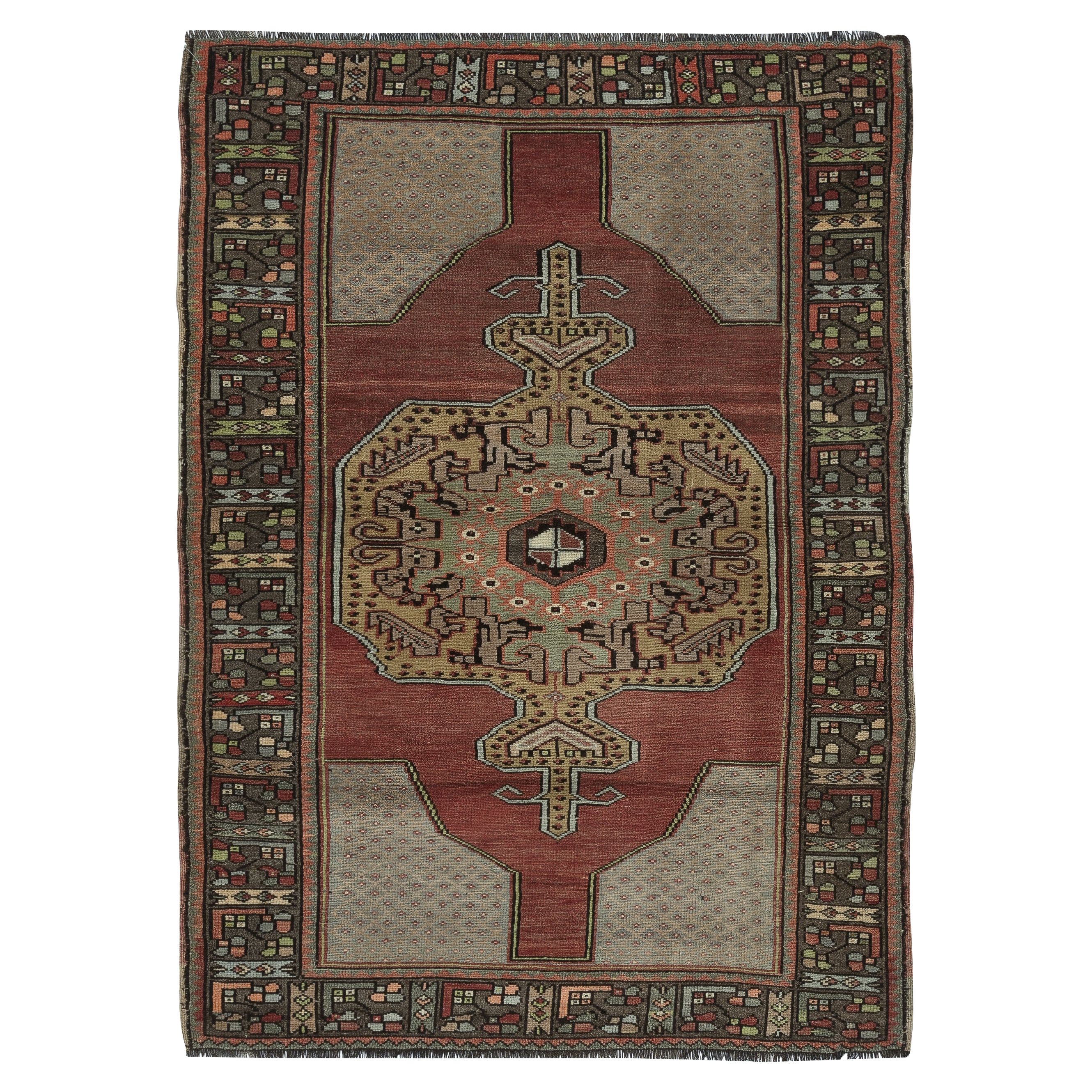 Tappeto turco vintage fatto a mano con medaglione, 4x5.4 Ft, unico nel suo genere. Tutta la lana in vendita