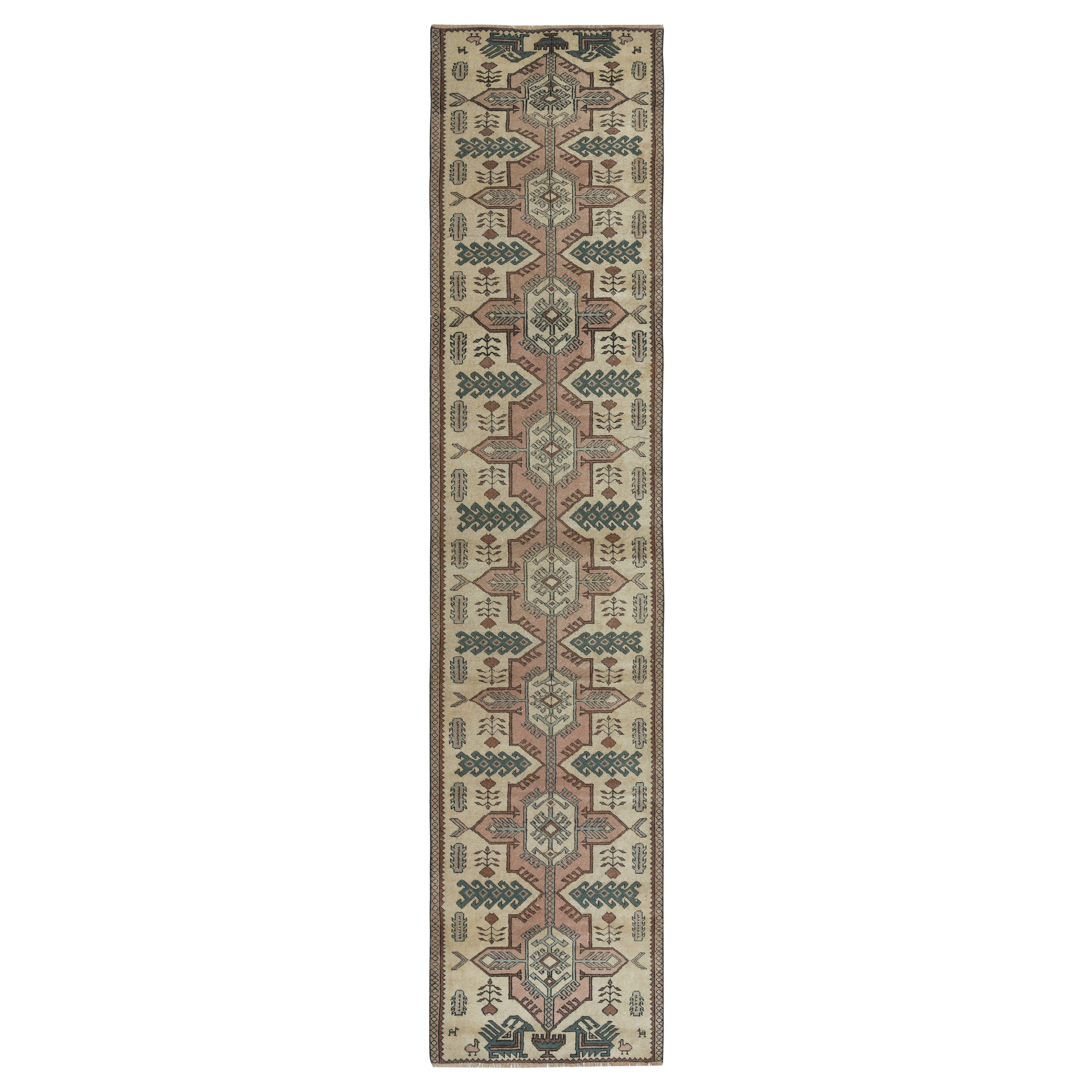 Alfombra Estrecha de Lana Turca Vintage Hecha a Mano de 2,7x11,5 Pies para Decoración de Pasillo