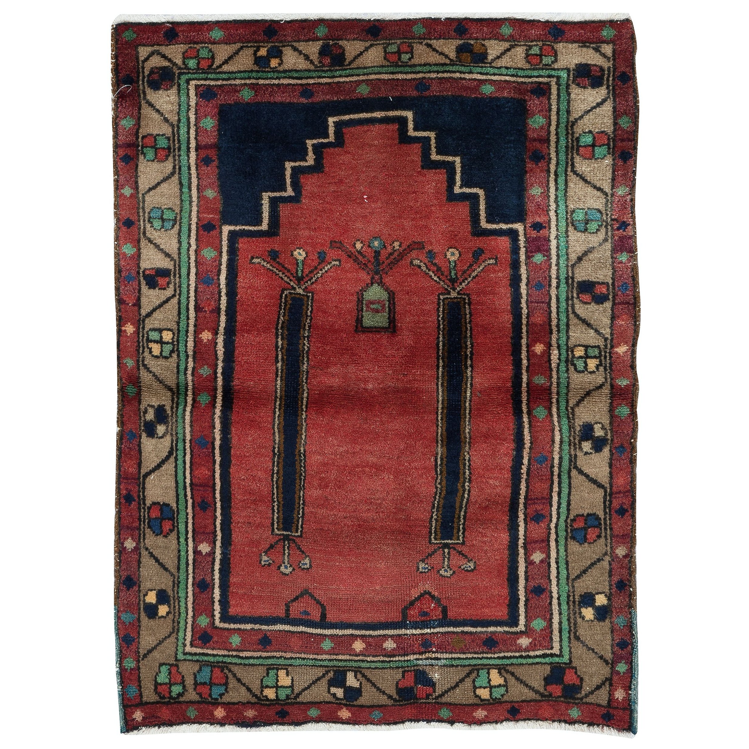 32x43 in Handmade Turkish Prayer Rug. Ramadan Gift. Vintage Red Prayer Mat