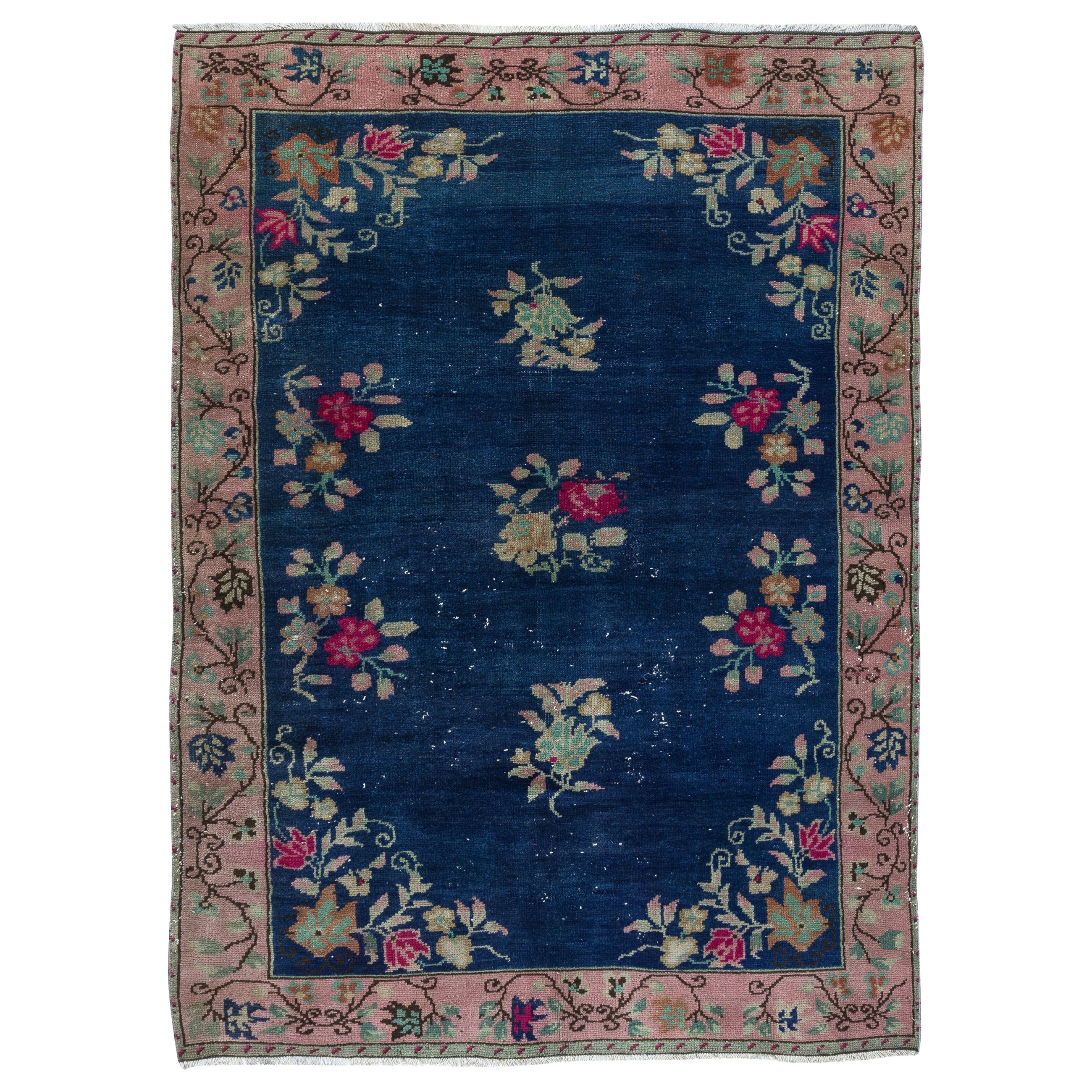 6x8.2 Ft Chinese Art Deco Inspired Vintage Handmade Area Rug in Dark Blue Color