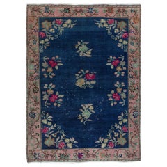 6x8.2 Ft Chinese Art Deco Inspired Vintage Handmade Area Rug in Dark Blue Color