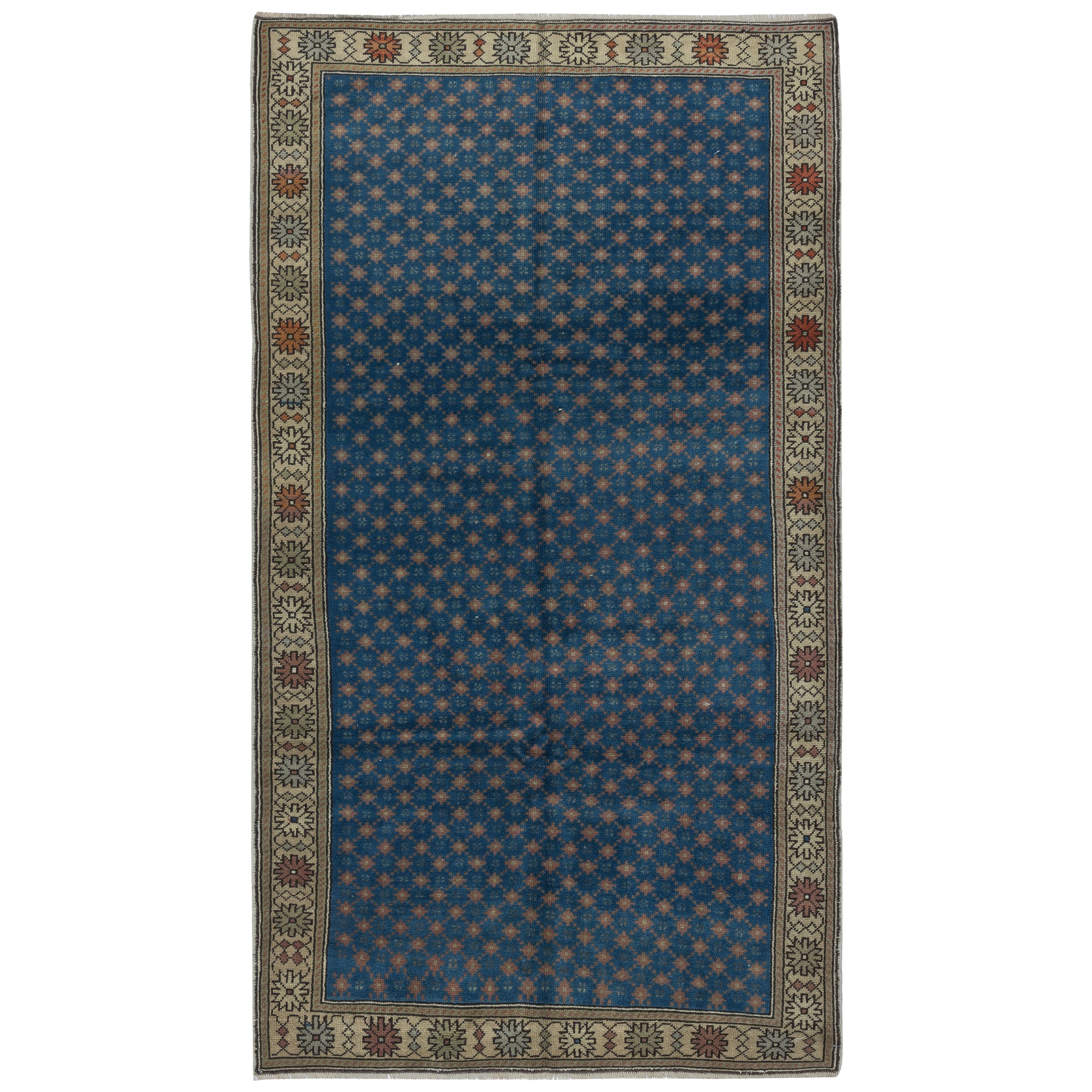 5x9.2 Ft Vintage Handmade Floral Patterned Blue Turkish Area Rug. 100% laine