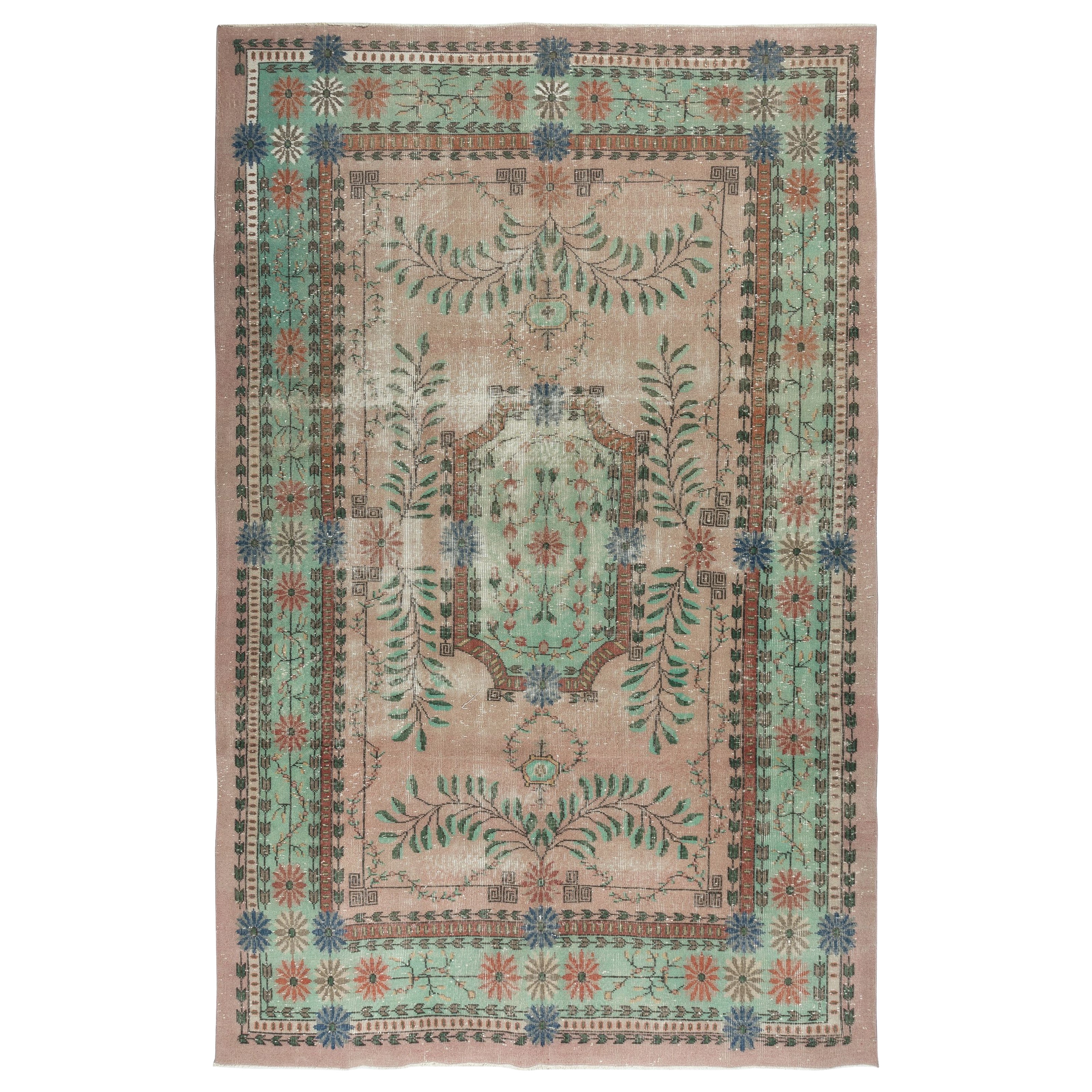 6.7x10.5 Ft Hand knotted Rug in Pink and Green. One of a kind Vintage Carpet For Sale