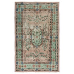 Tappeto 6.7x10.5 Ft annodato a mano in rosa e verde. Tappeto vintage unico nel suo genere
