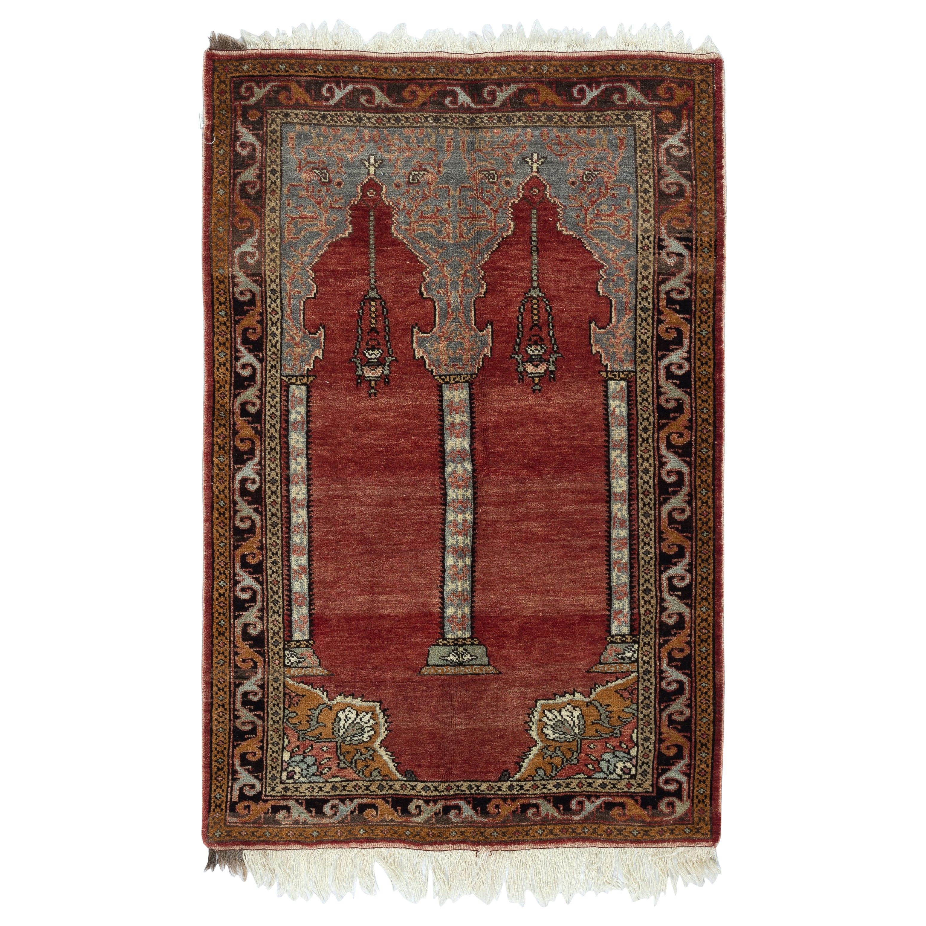 3.4x5 Ft Tapis de prière turc fait main. Cadeau du Ramadan. Mat de prière rouge vintage