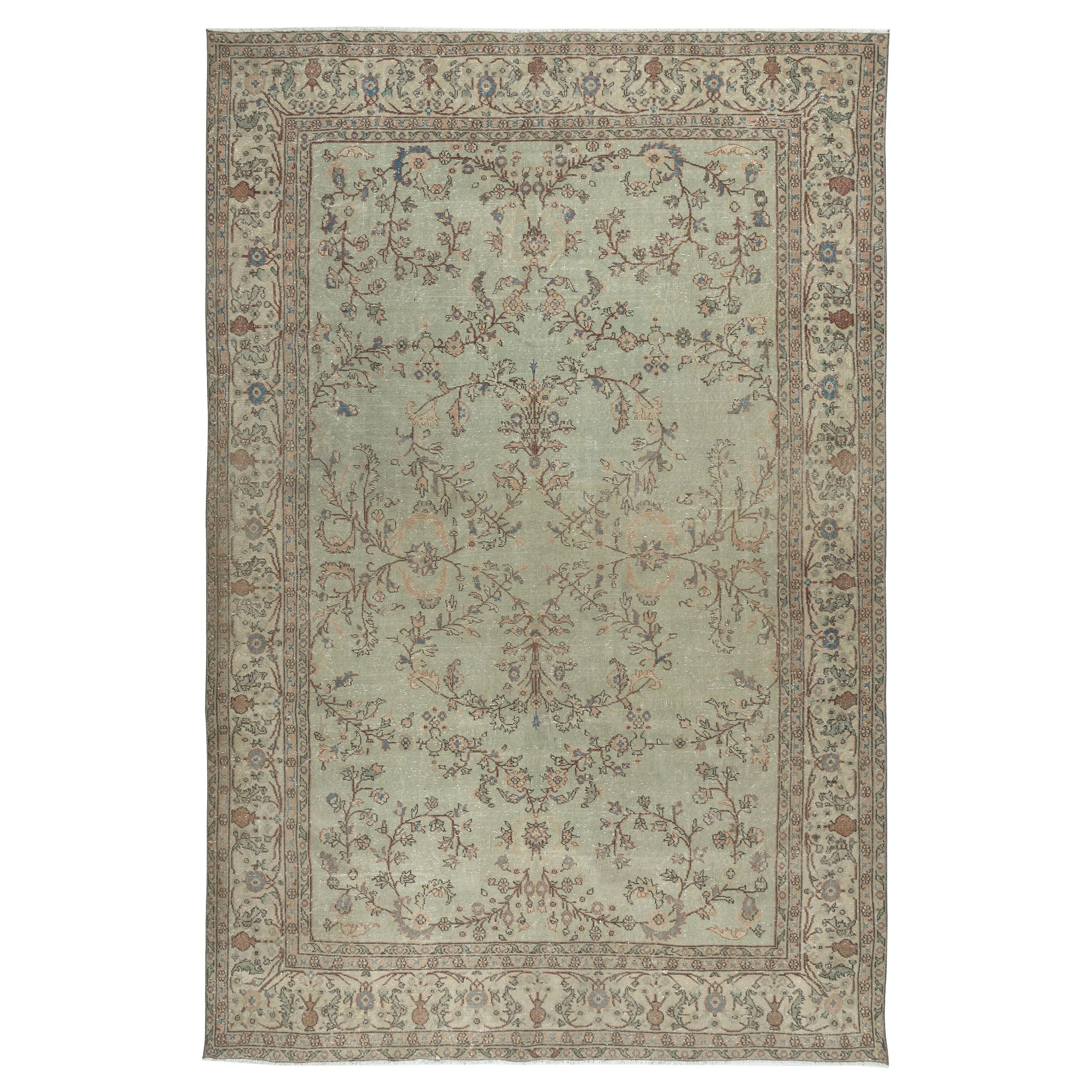 7.6x11.6 Ft Vintage Handmade Soft Green Rug. Unique Floral Design Turkish Carpet For Sale