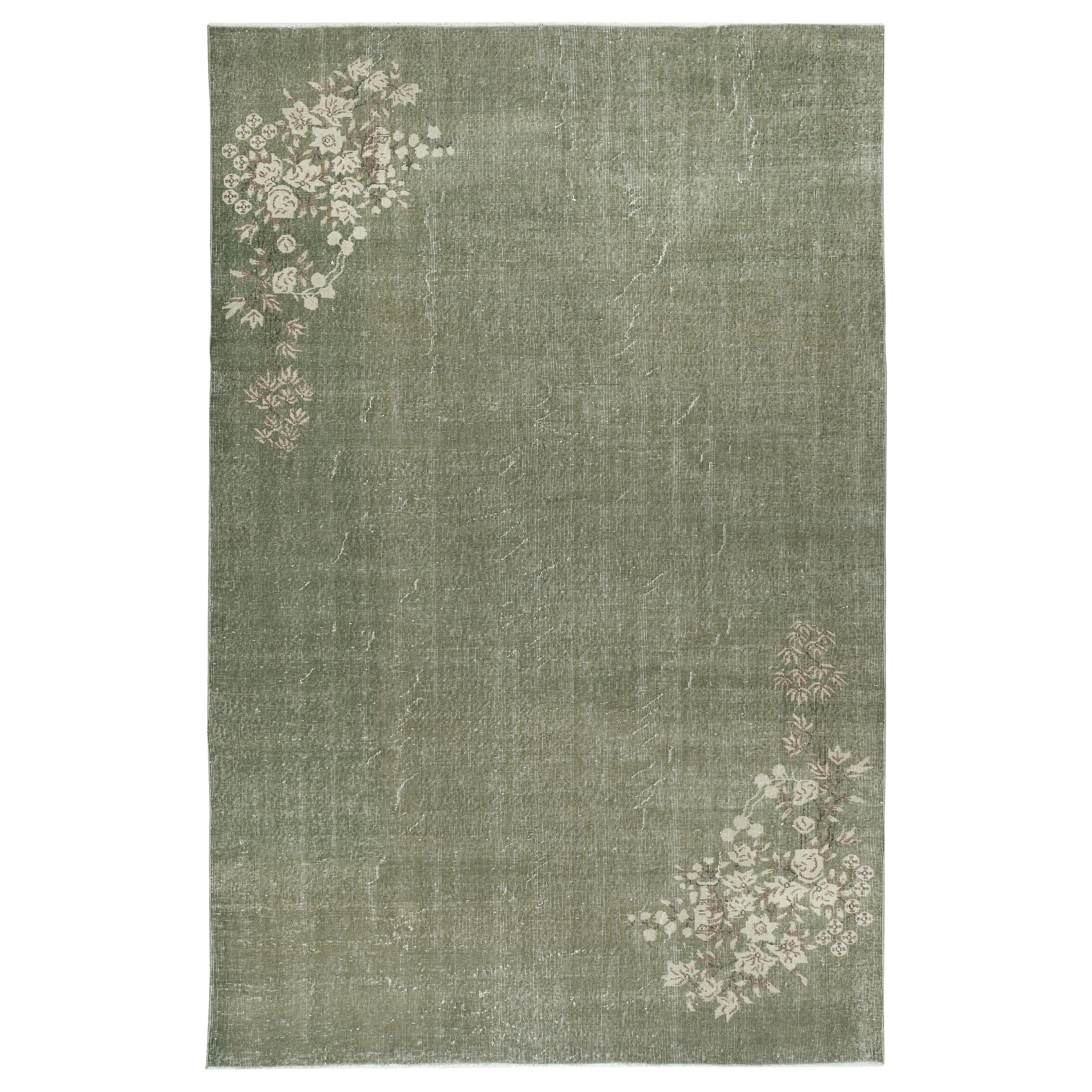 7x10.5 Ft Chinese Art Deco Inspired Vintage Handmade Area Rug in Green Color