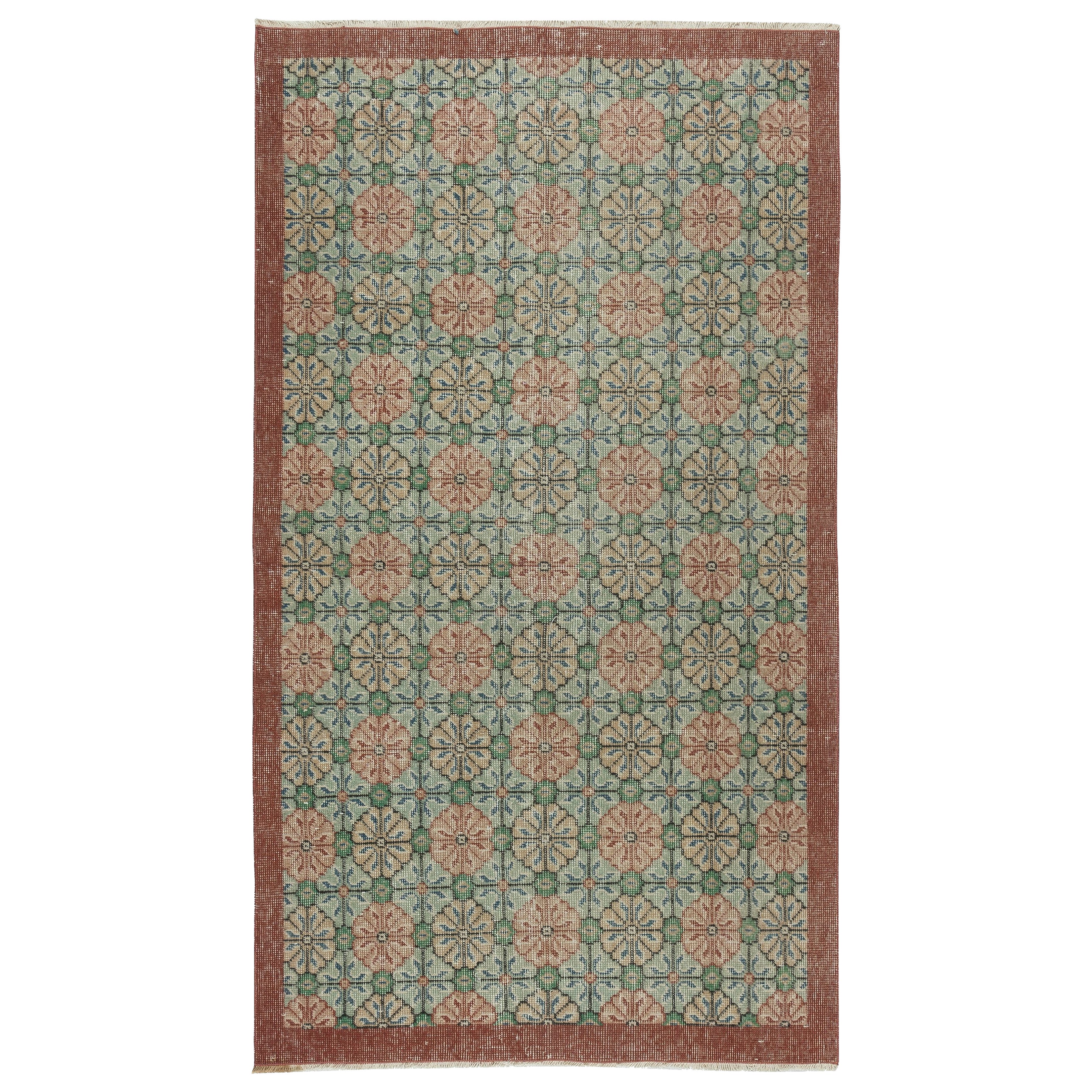 Alfombra de acento turca vintage hecha a mano con diseño floral de 4x6,8 pies (1 pie)