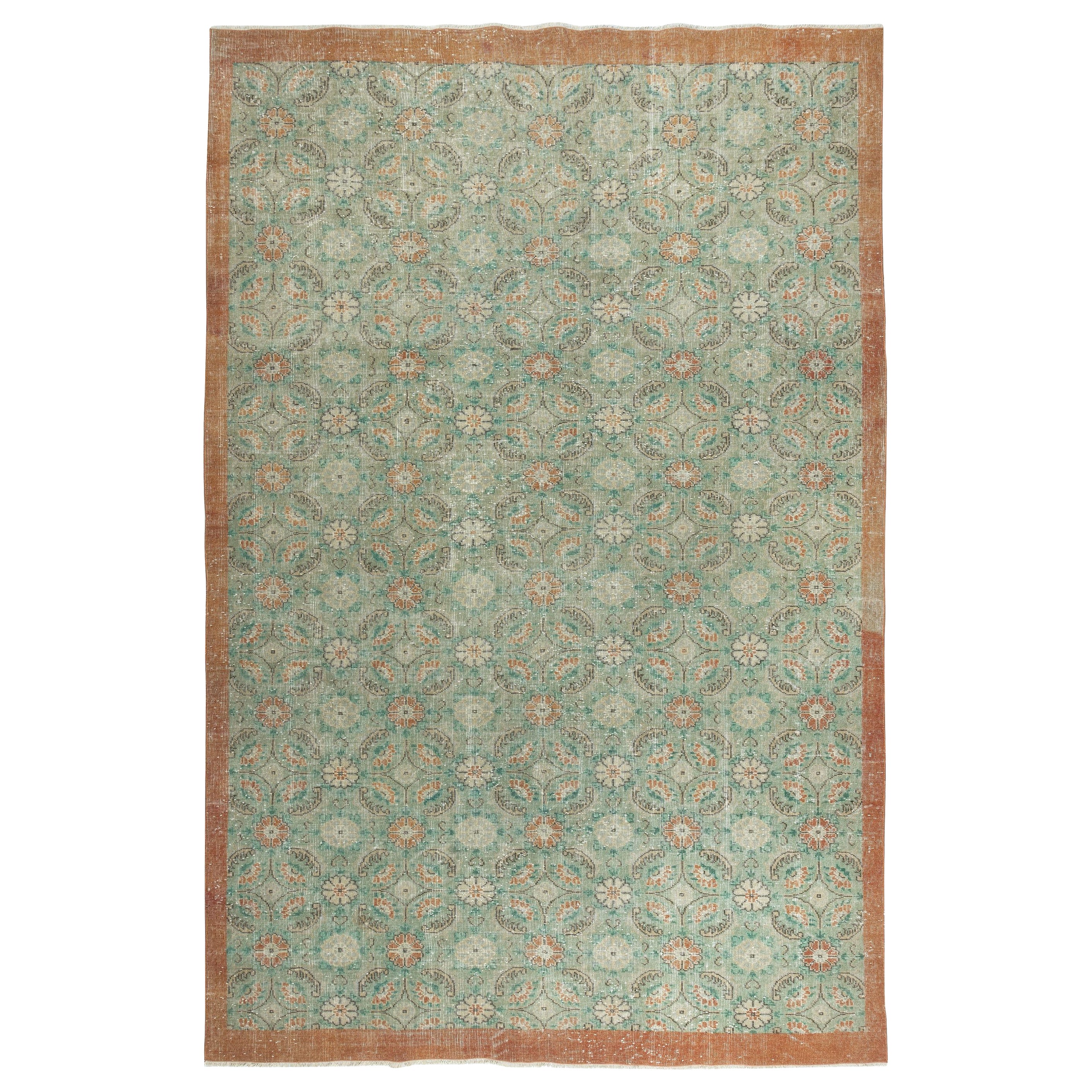 7.3x11 Ft Vintage Hand-Made Green Area Rug with Floral Design & Solid Red Border