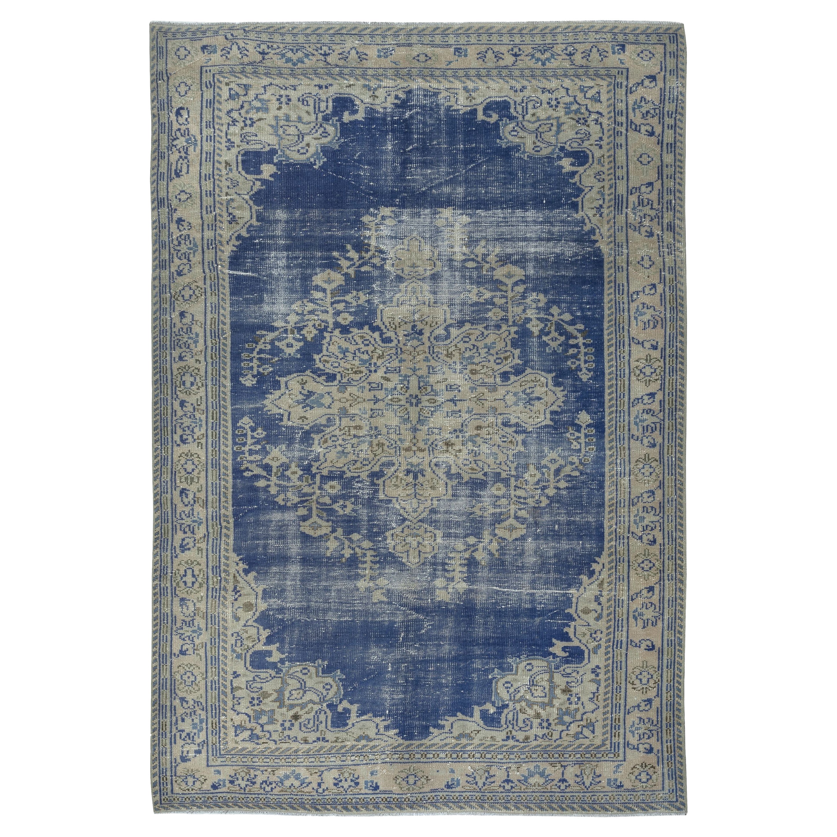 Tappeto vintage fatto a mano blu scuro 6.4x9.5 Ft. Tappeto turco unico nel suo genere