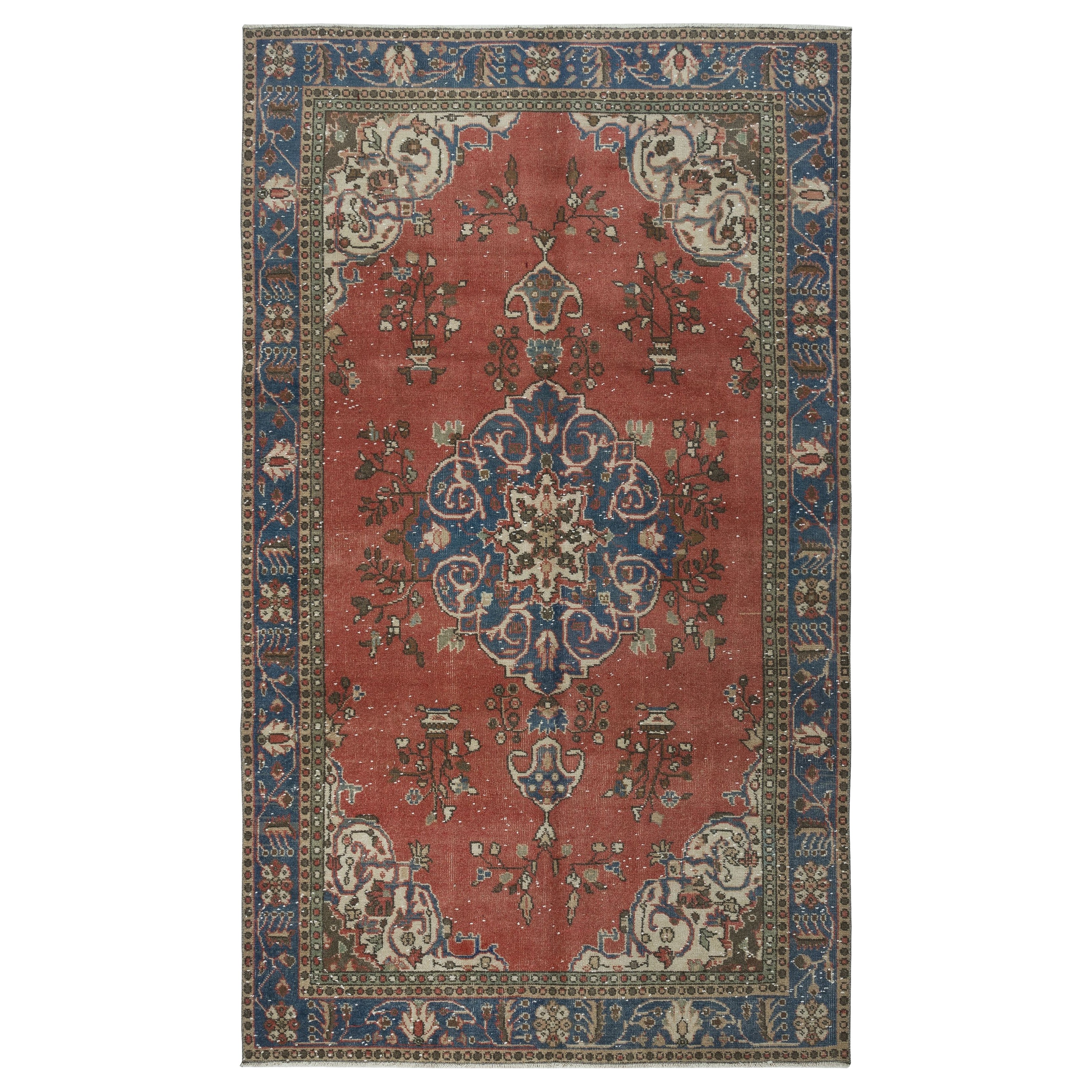 5.8x9 Ft Vintage Handmade Turkish Wool Area Rug with Medallion Design