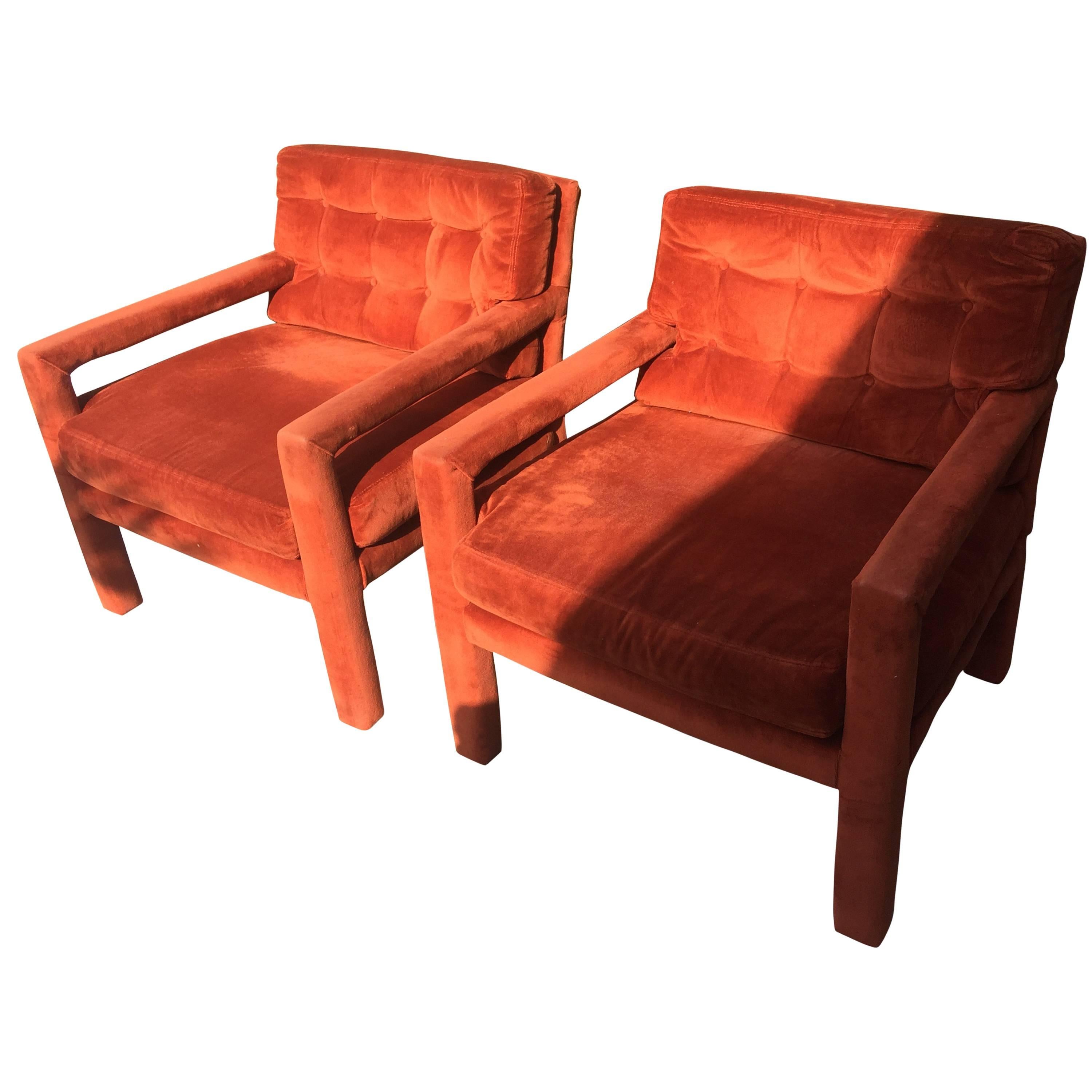Pair of Milo Baughman Tufted Mid-Century Modern Parsons Armchairs Chairs