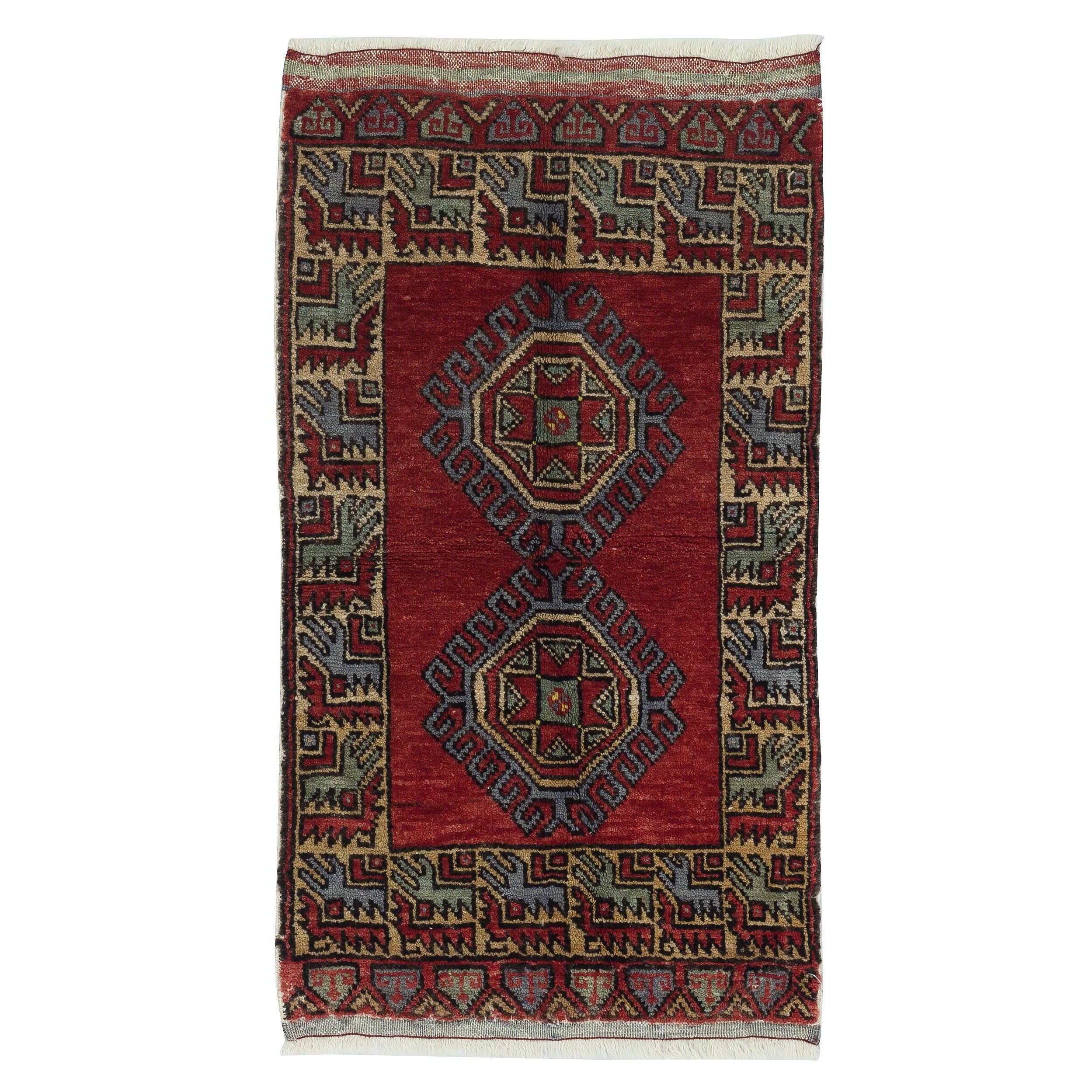 23x38 in Tappeto vintage annodato a mano in rosso scuro, 100% lana.