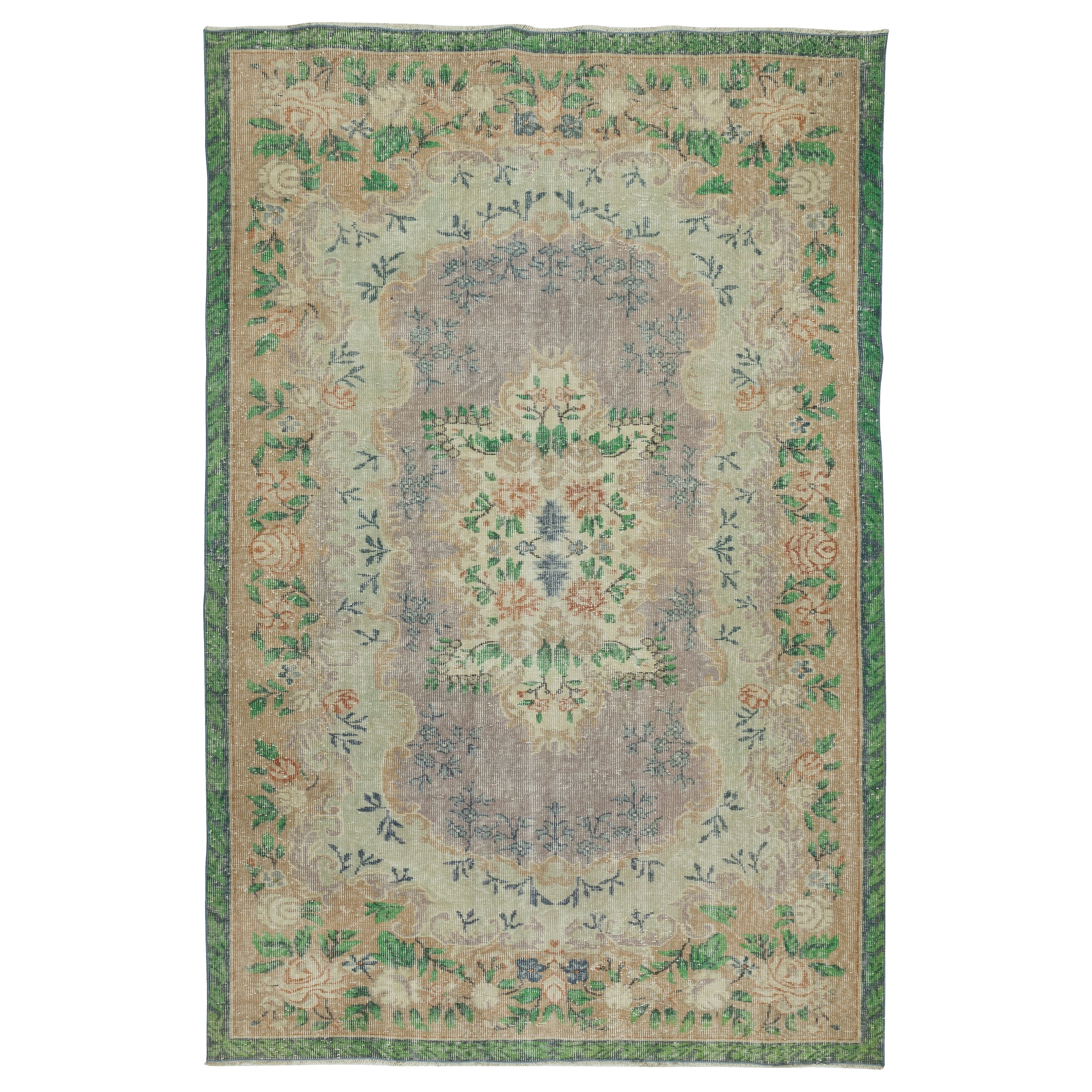 5.8x8.8 Ft Dekorativer handgeknüpfter türkischer Vintage-Teppich in grünen Grüntönen im Angebot