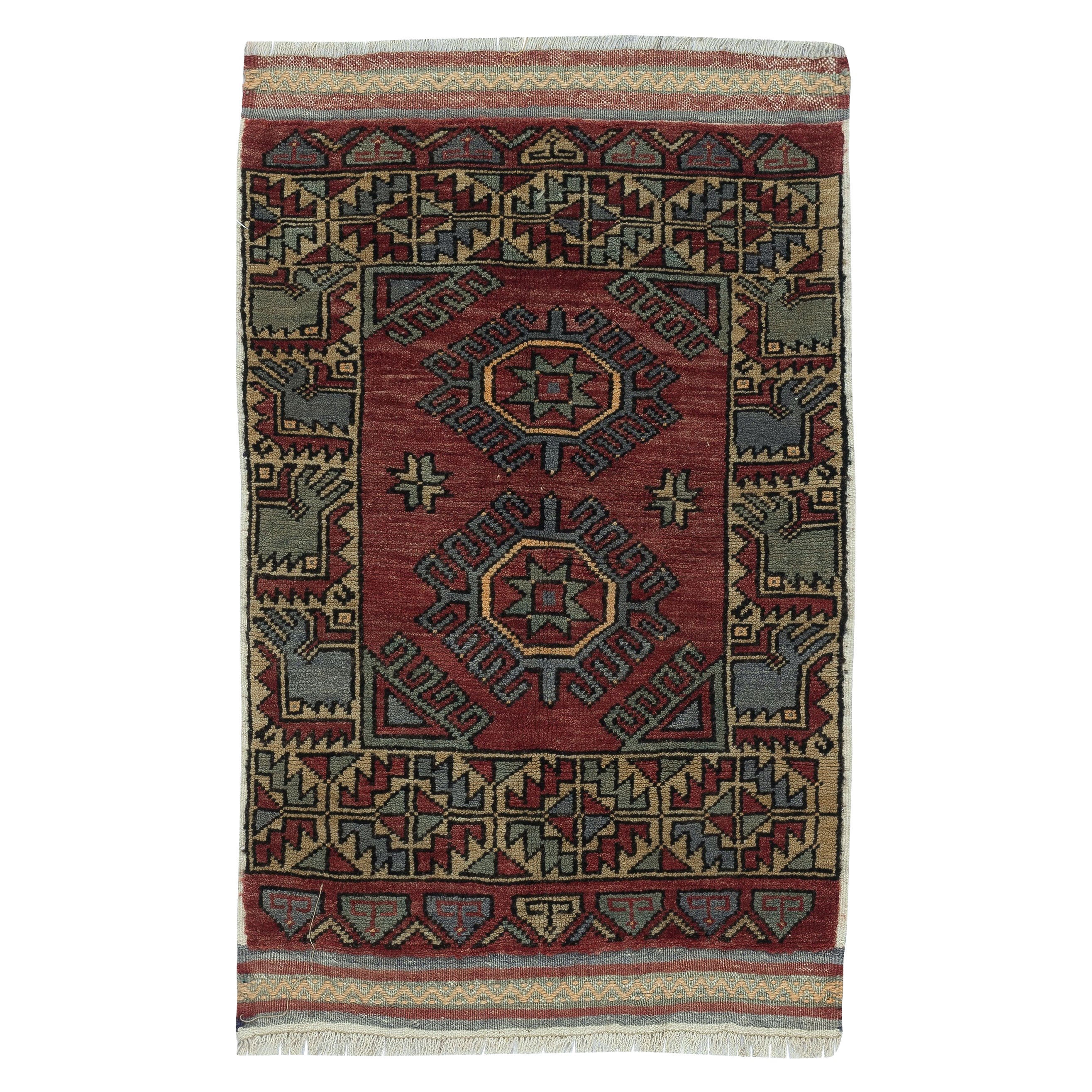 25x35 in Tappeto d'accento turco annodato a mano unico nel suo genere di colore rosso scuro in vendita