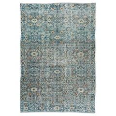 4,7x6.8 Ft Einzigartiger handgefertigter Vintage-Teppich mit Blumenmuster und blauem Hintergrund