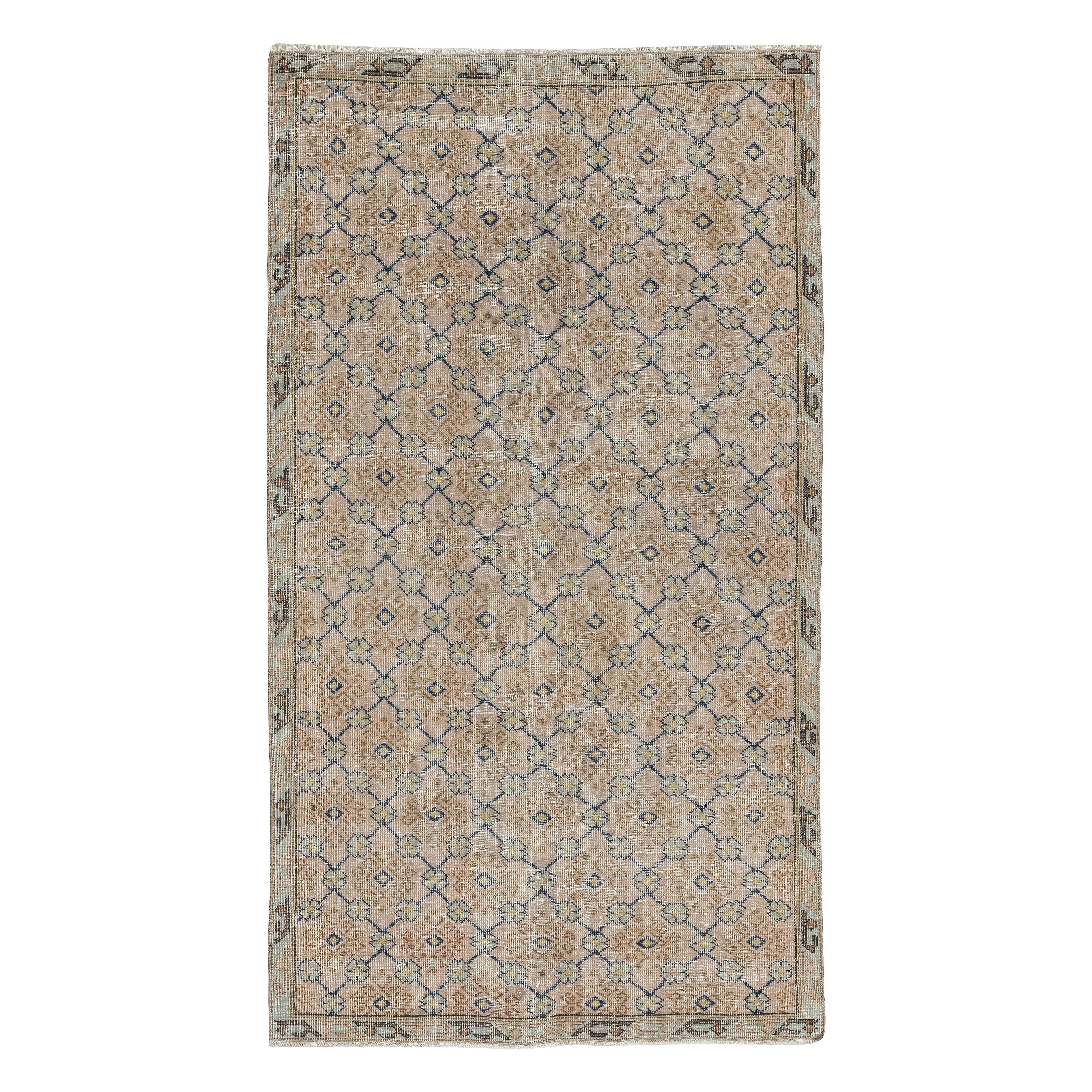 3.7x6.7 Ft Vintage Handmade Pink Turkish Accent Rug with Floral Design