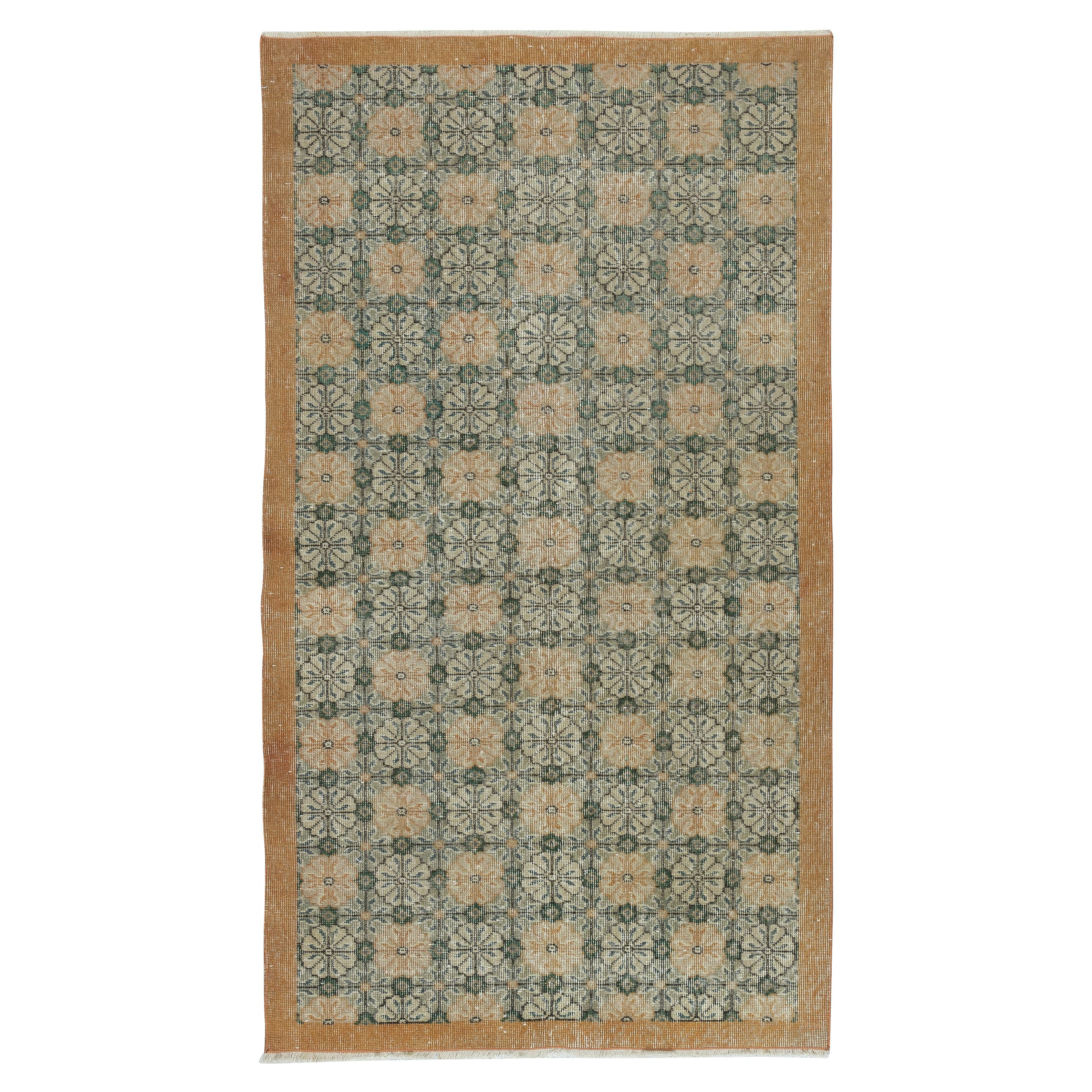 4x7 Ft Vintage Hand-Made Green Area Rug with Floral Design & Solid Orange Border