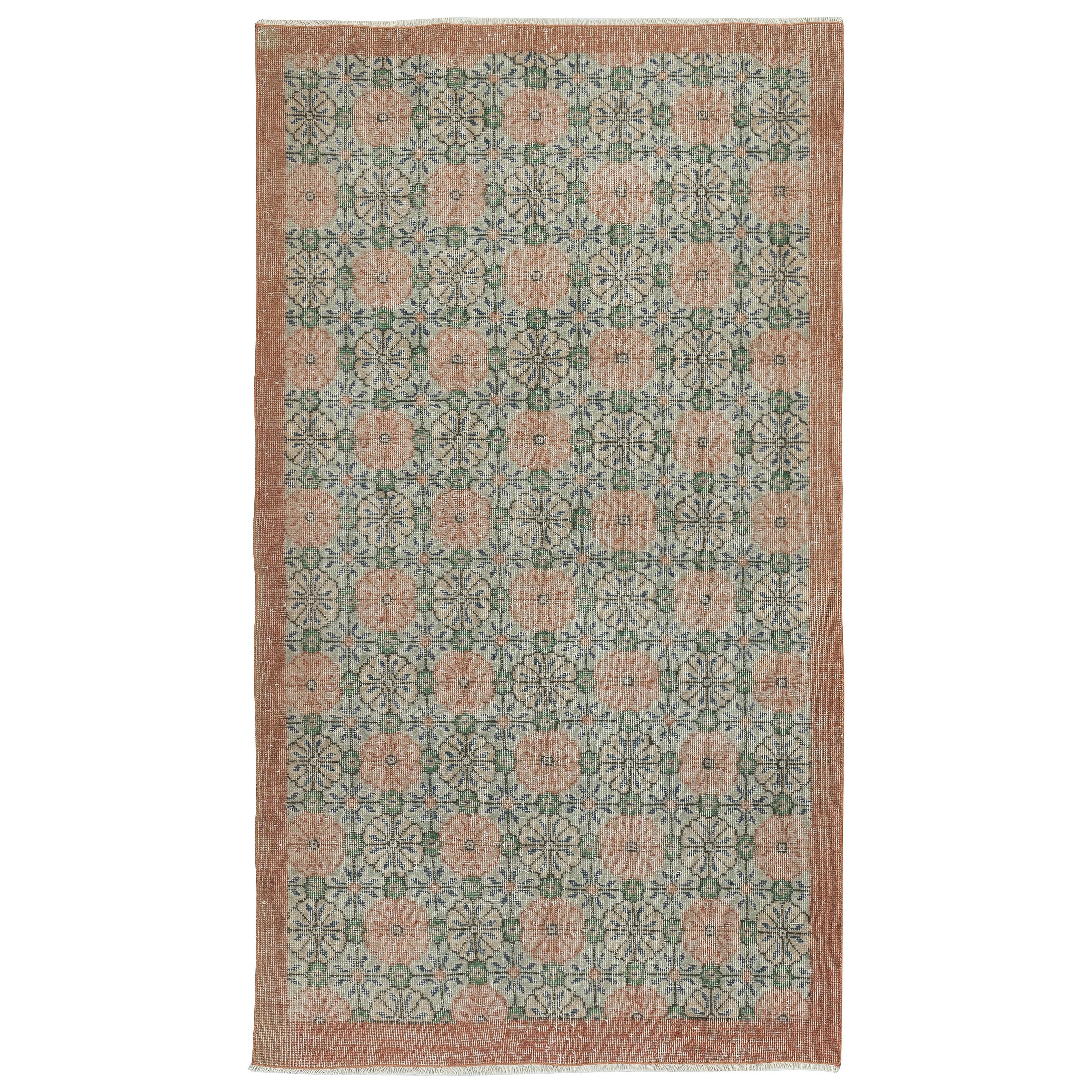 3.8x6.8 Ft Vintage HandMade Green Area Rug with Floral Design & Solid Red Border For Sale