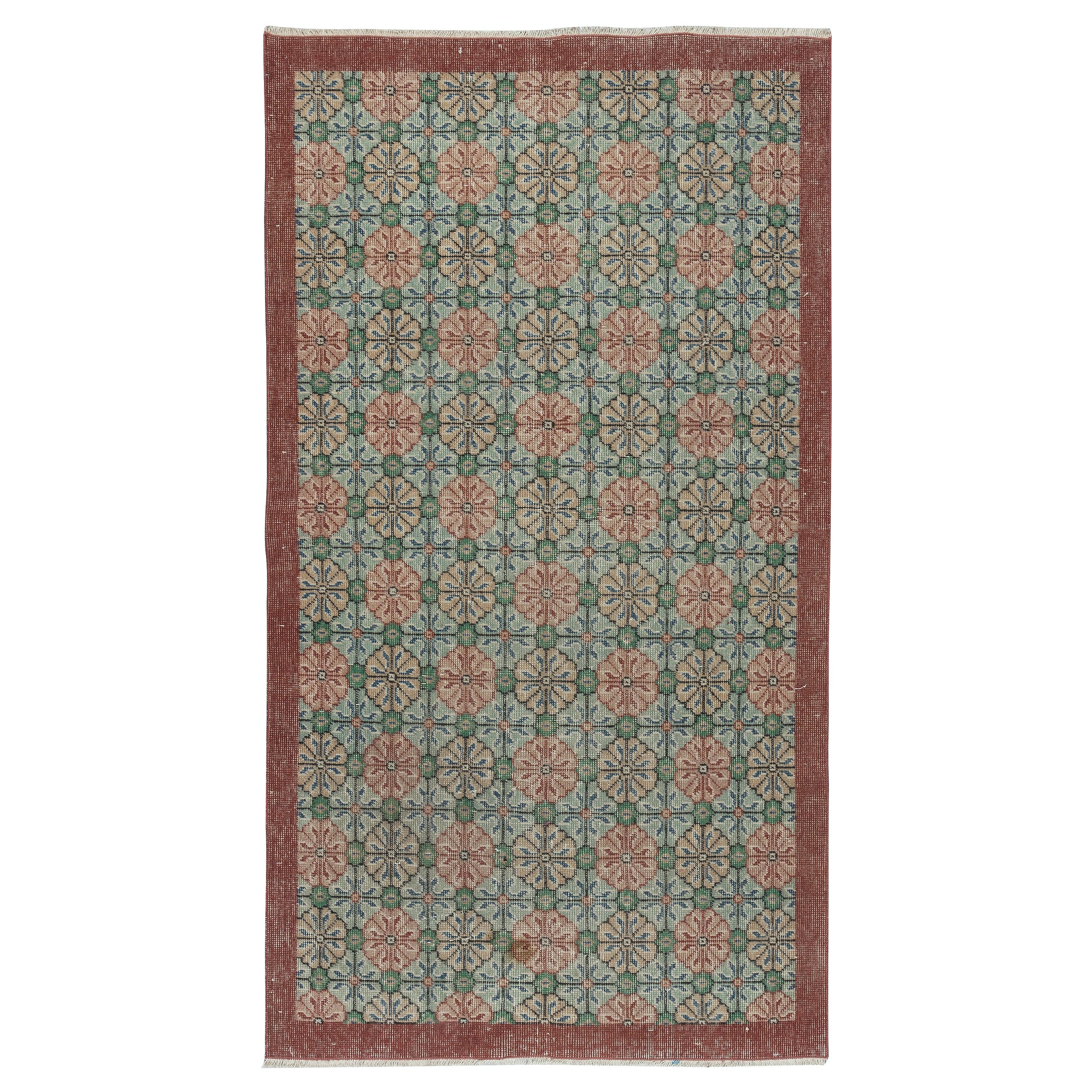 4x7 Ft One-of-a-pair Vintage Handmade Turkish Accent Rug with Floral Design
