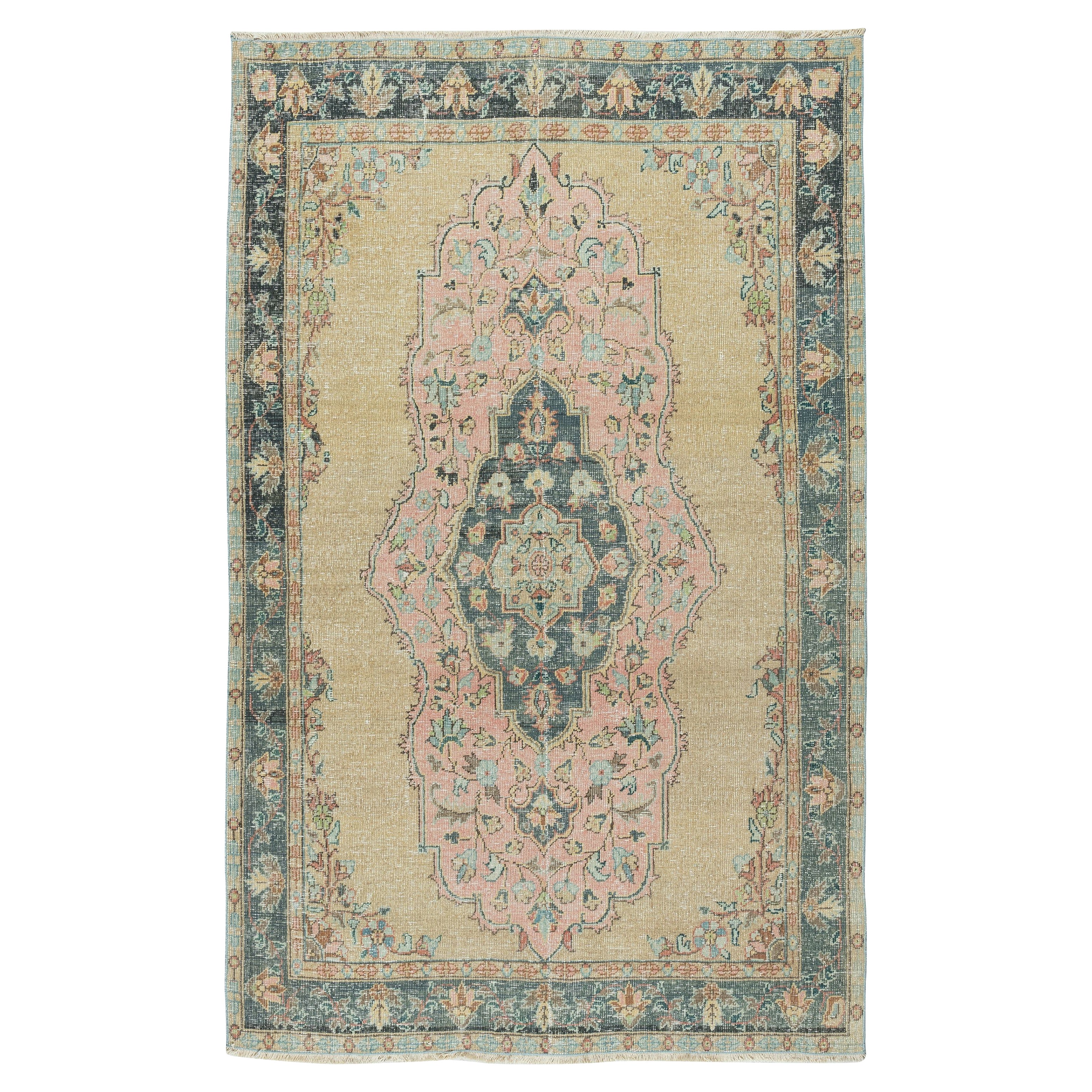 4.8x7.6 Ft Vintage Handmade Turkish Area Rug with Medallion Design For Sale