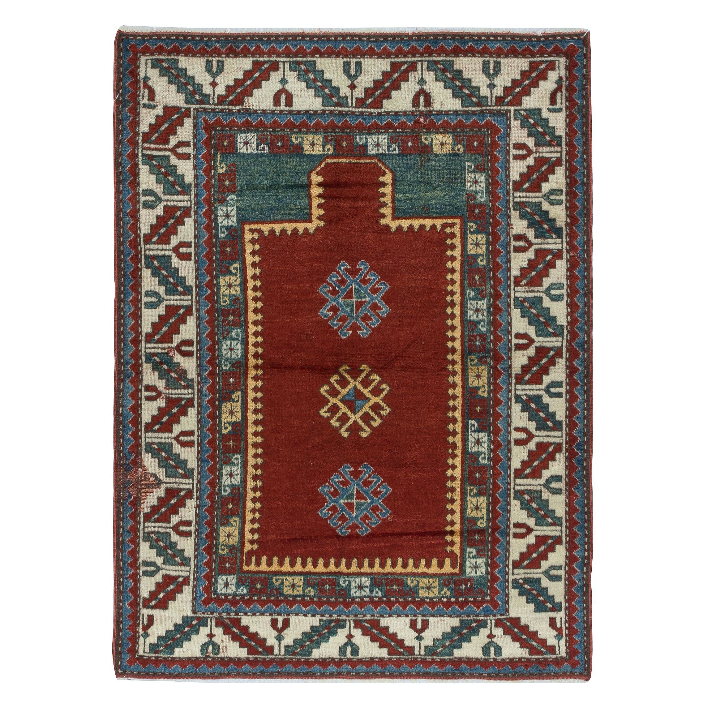 4x5.4 Ft Reproduction of an antique Caucasian Kazak Prayer Rug. 100% Wool