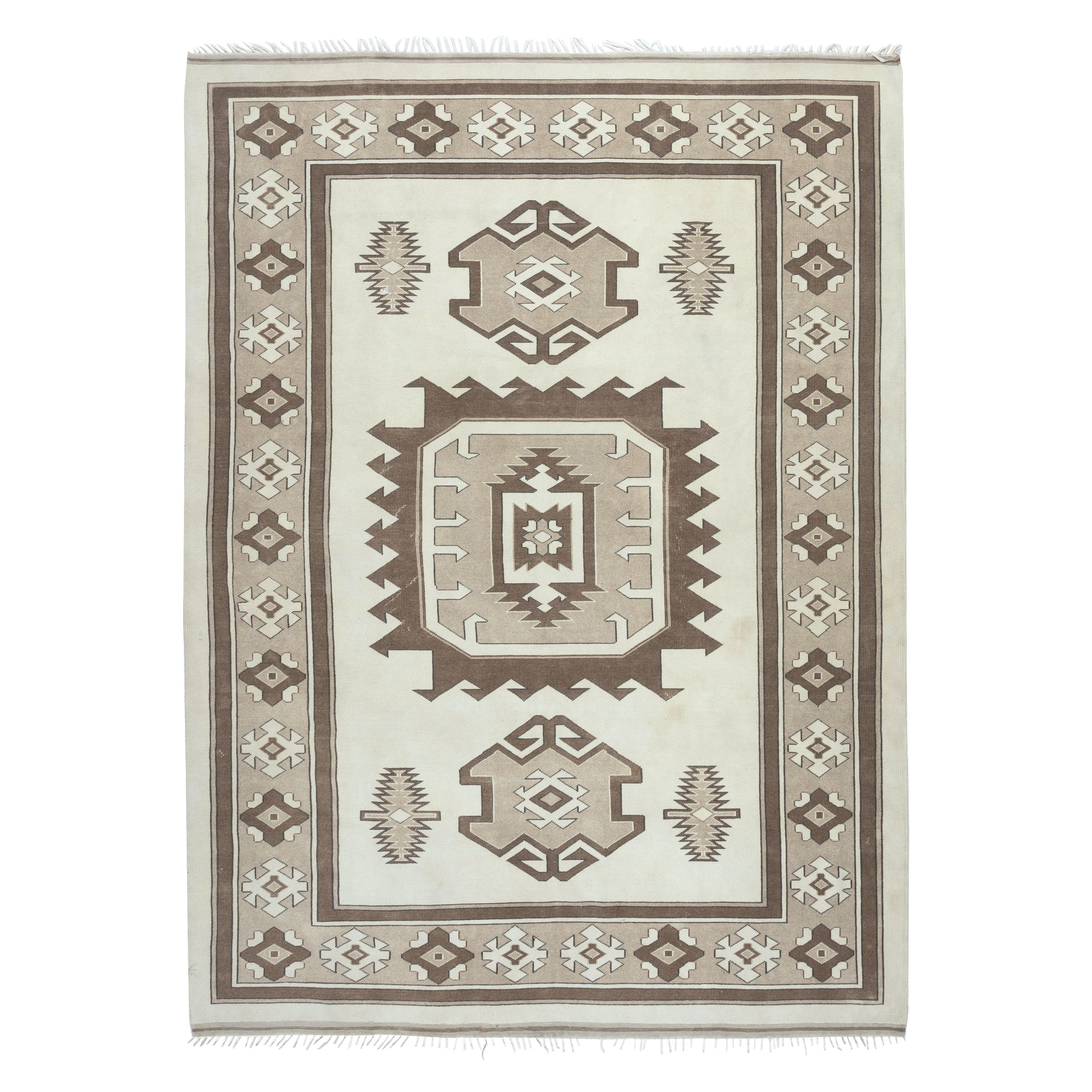 Tappeto Vintage Rugs 6.5x8.8 Ft annodato a mano di colore beige e marrone. 100% Lana