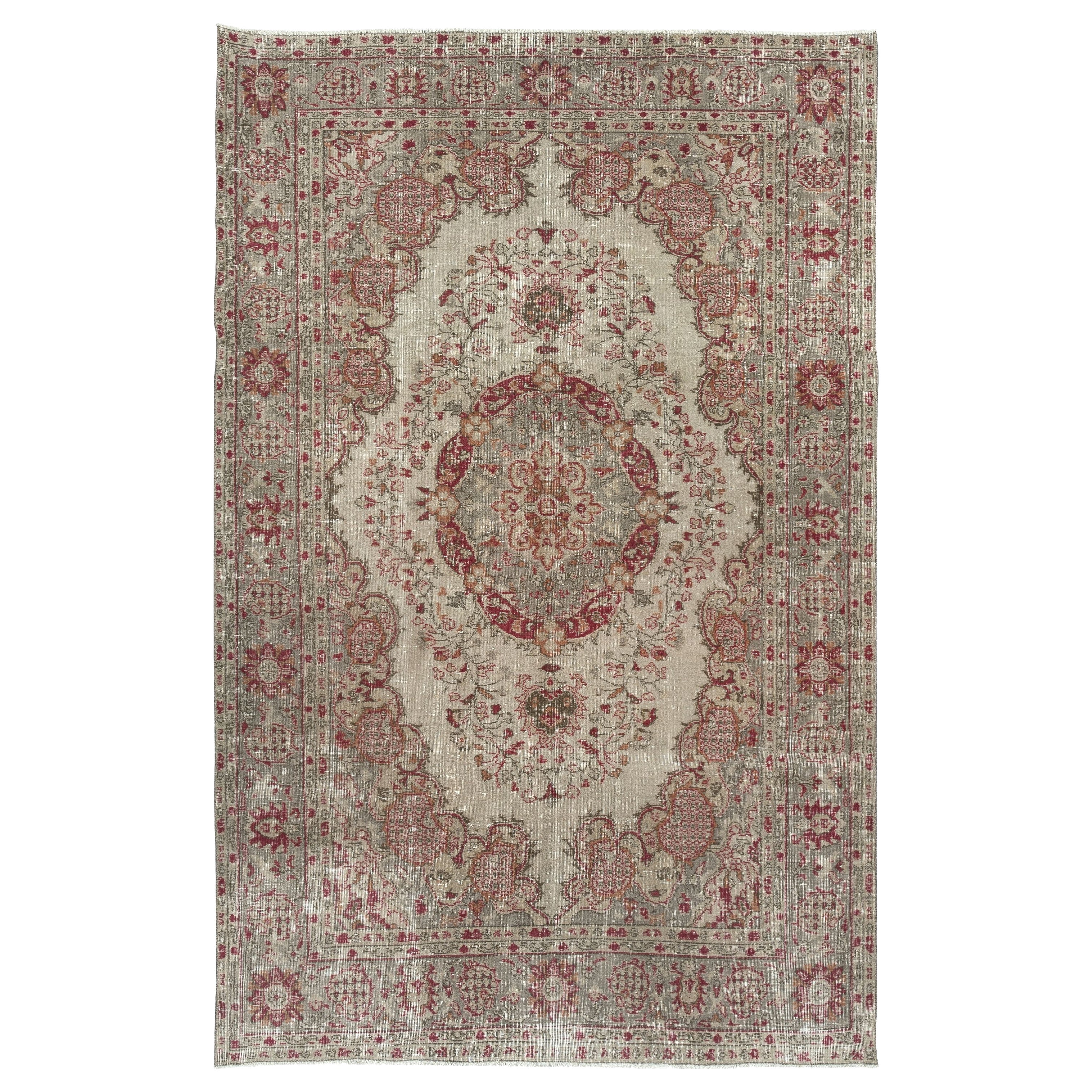 6.4x9.8 Ft Vintage handgefertigte türkische Wolle Bereich Teppich in Beige und Rot Farbe