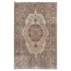6.4x9.8 Ft Vintage Handmade Turkish Wool Area Rug in Beige and Red Color