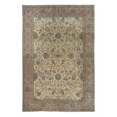 Alfombra hecha a mano de 8x11,6 pies con diseño floral y campo beige. Alfombra grande vintage